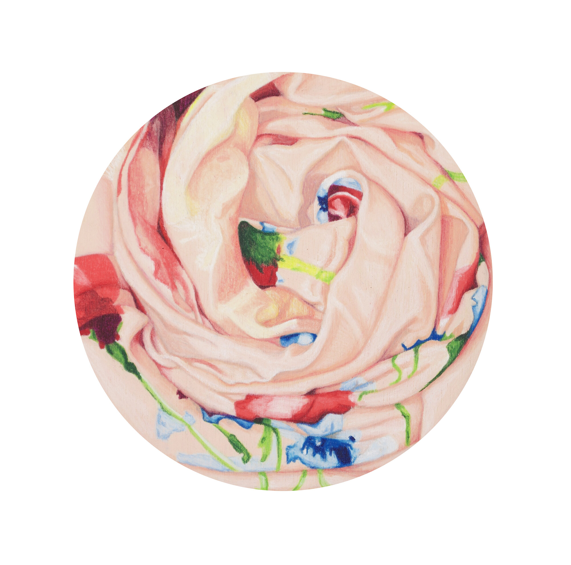 Pink Floral Tondo #1, coloured pencil on wood, 6 inches diameter, 2020.