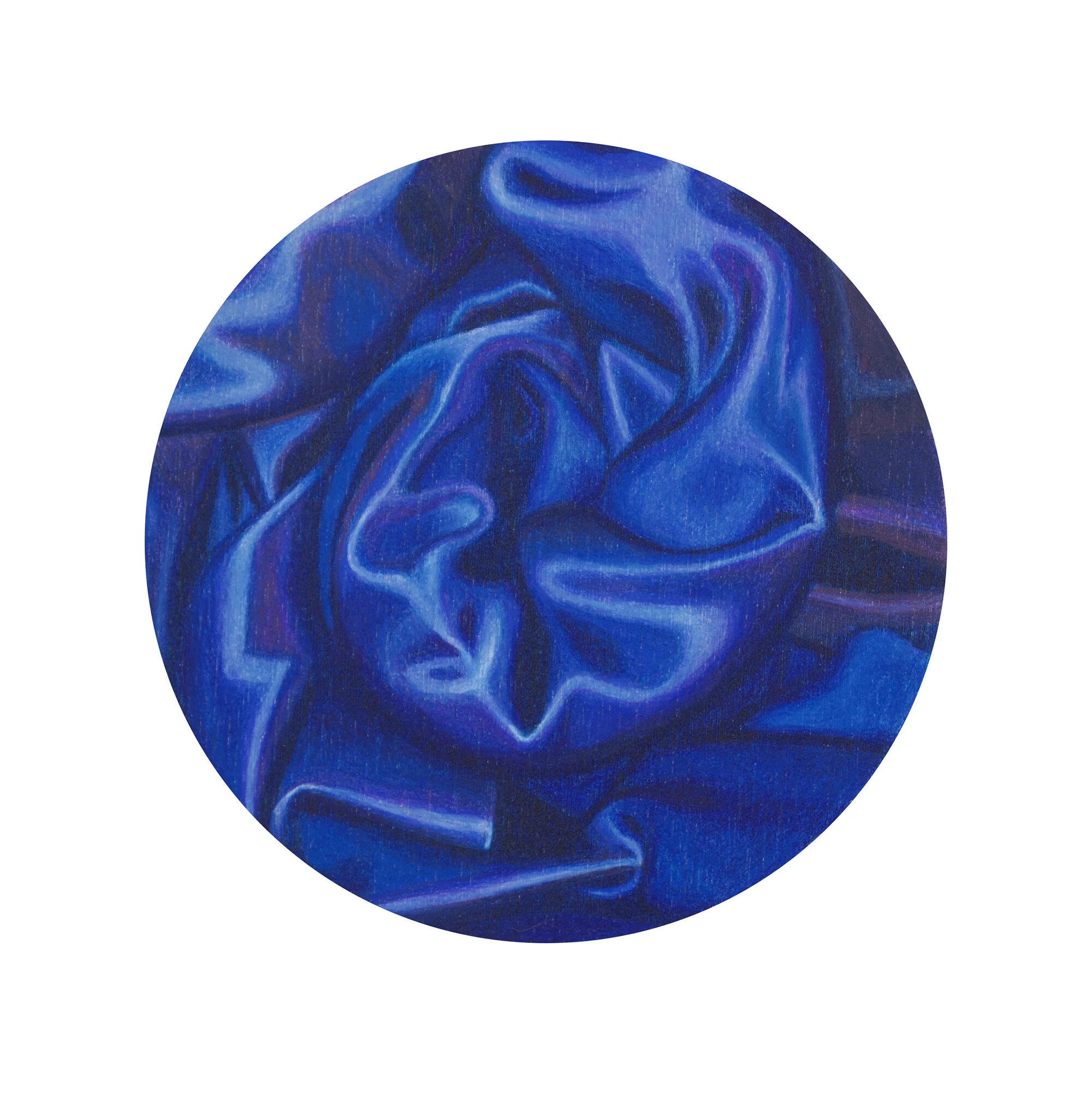 Blue Satin Tondo #1, coloured pencil on wood, 6 inches diameter, 2020.