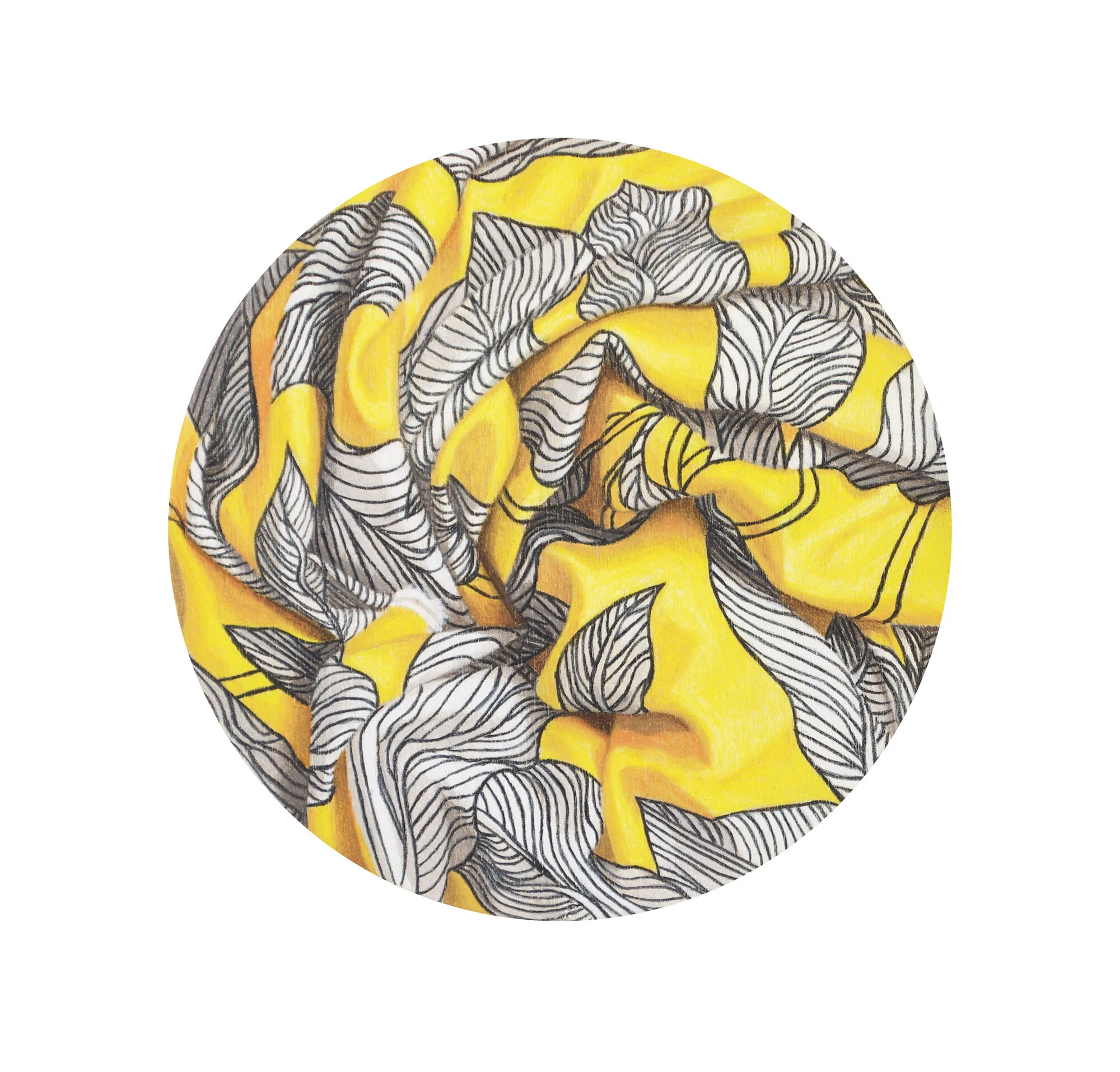 Yellow Tondo #2, coloured pencil on wood, 6 inches diameter, 2020.