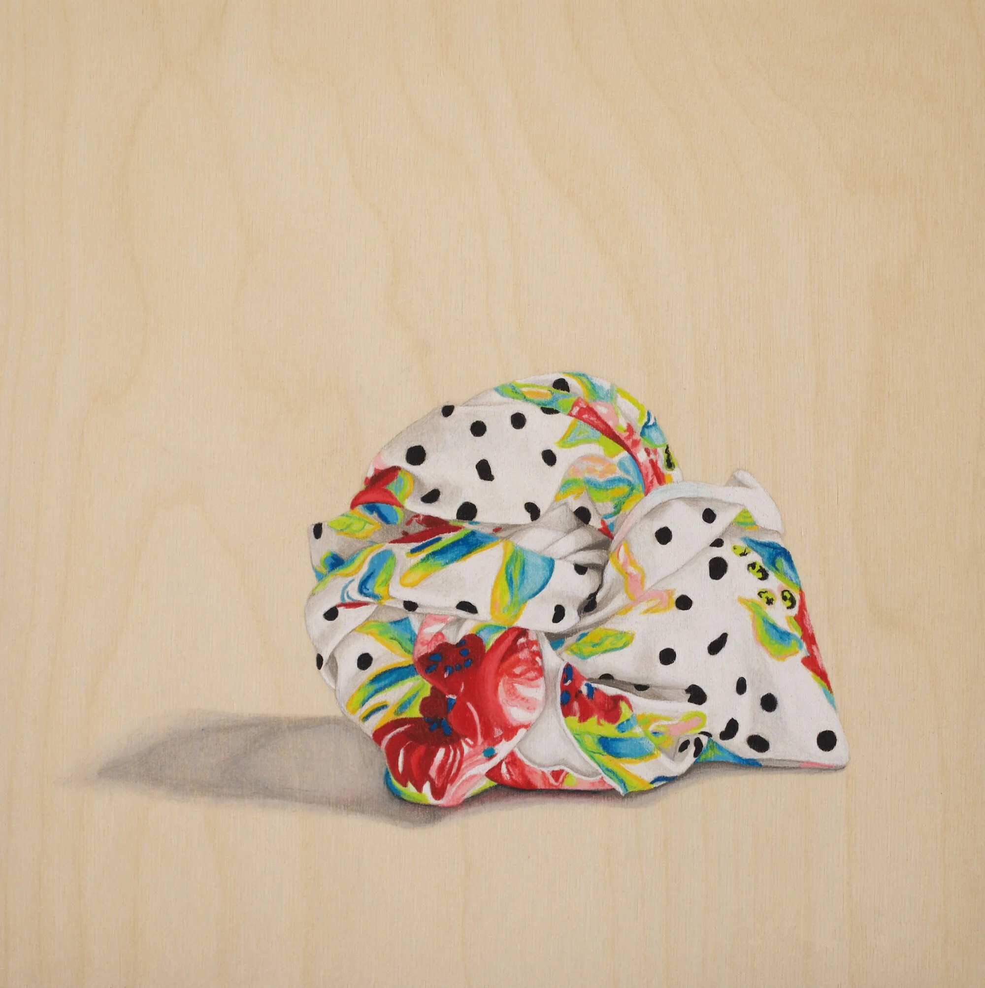 Floral and Polka Dots #1, coloured pencil on wood, 10x10 inches, 2020.