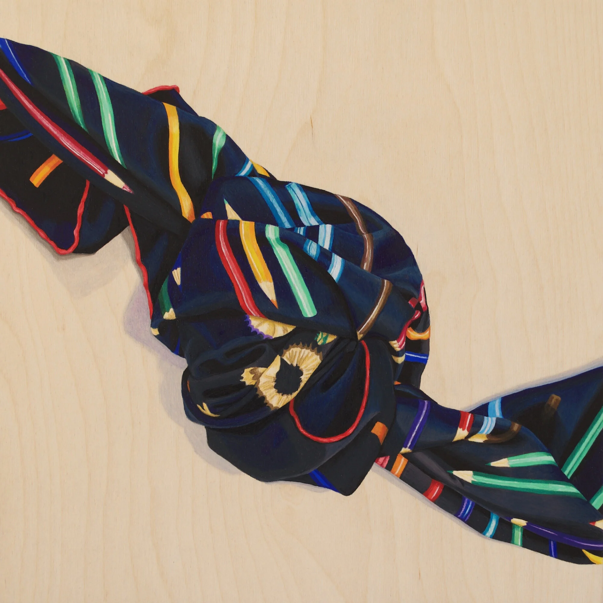 Hermes Scarf, coloured pencil on wood, 14x14 inches, 2020.