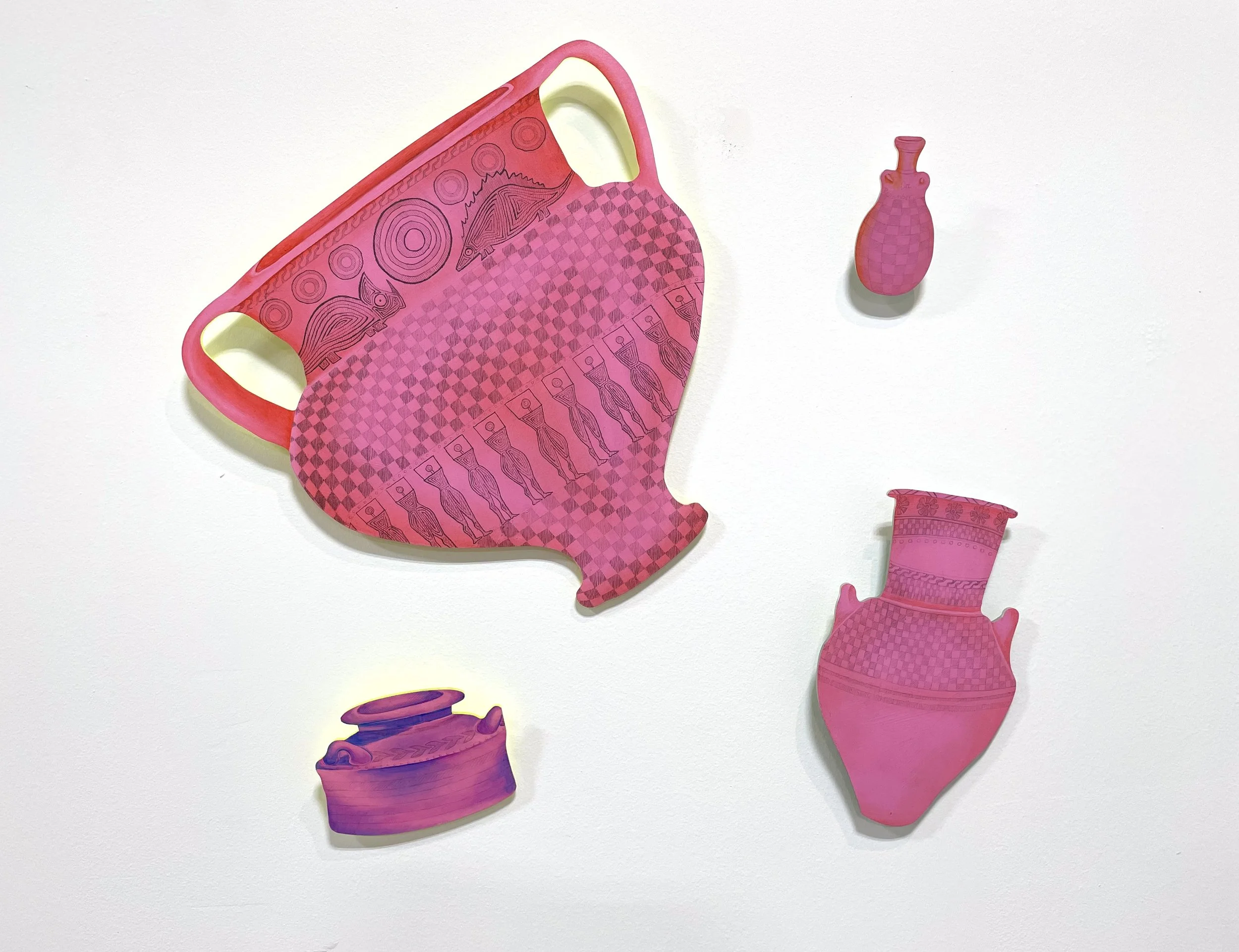 Backup Dancers for Extinction, 2022, Oil paint and graphite on custom-cut acrylic sheets, 19-1/5 x 20 inches