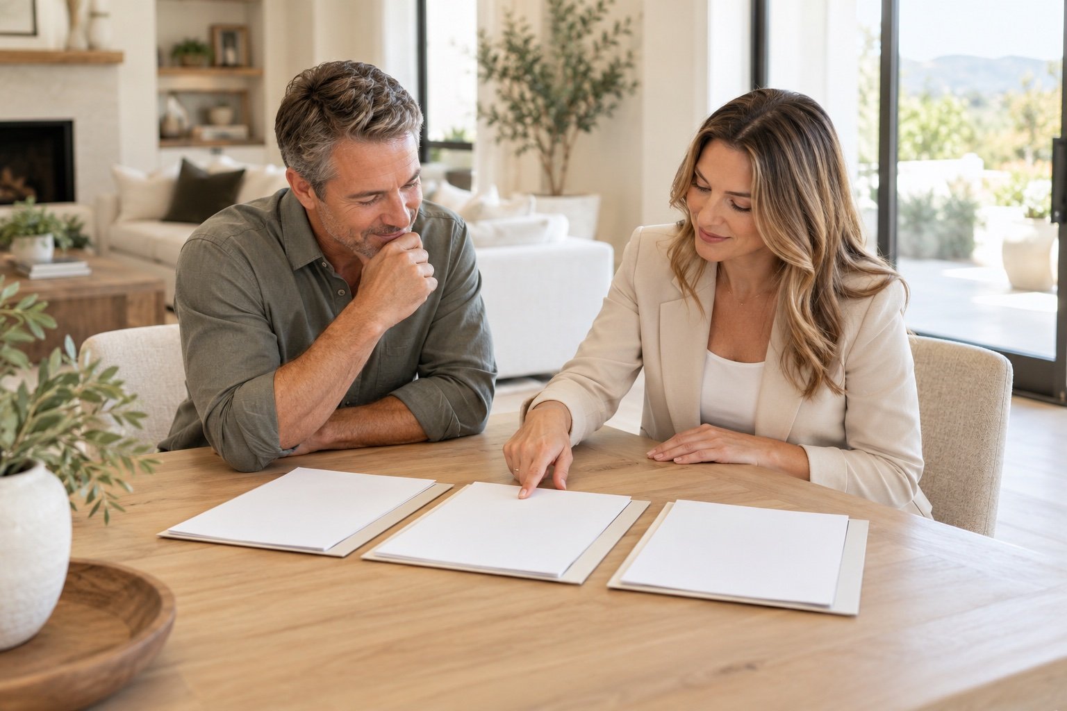 Illustrative photo of a seller comparing offer folders with a real estate professional