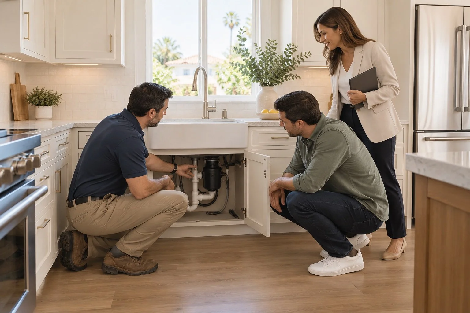 Illustrative photo of a home inspector discussing kitchen plumbing with a buyer and agent
