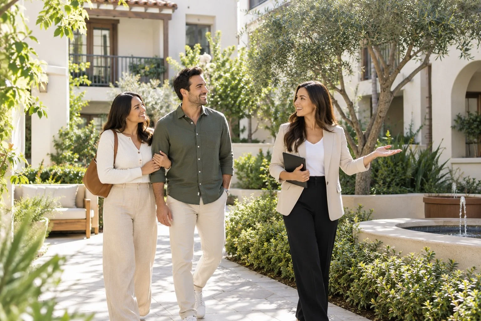 Illustrative photo of buyers touring a condominium courtyard with a real estate professional
