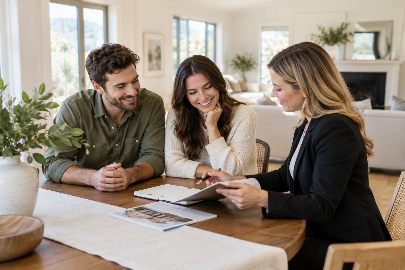 Illustrative photo of first-time buyers discussing their search with a Realtor in a bright home