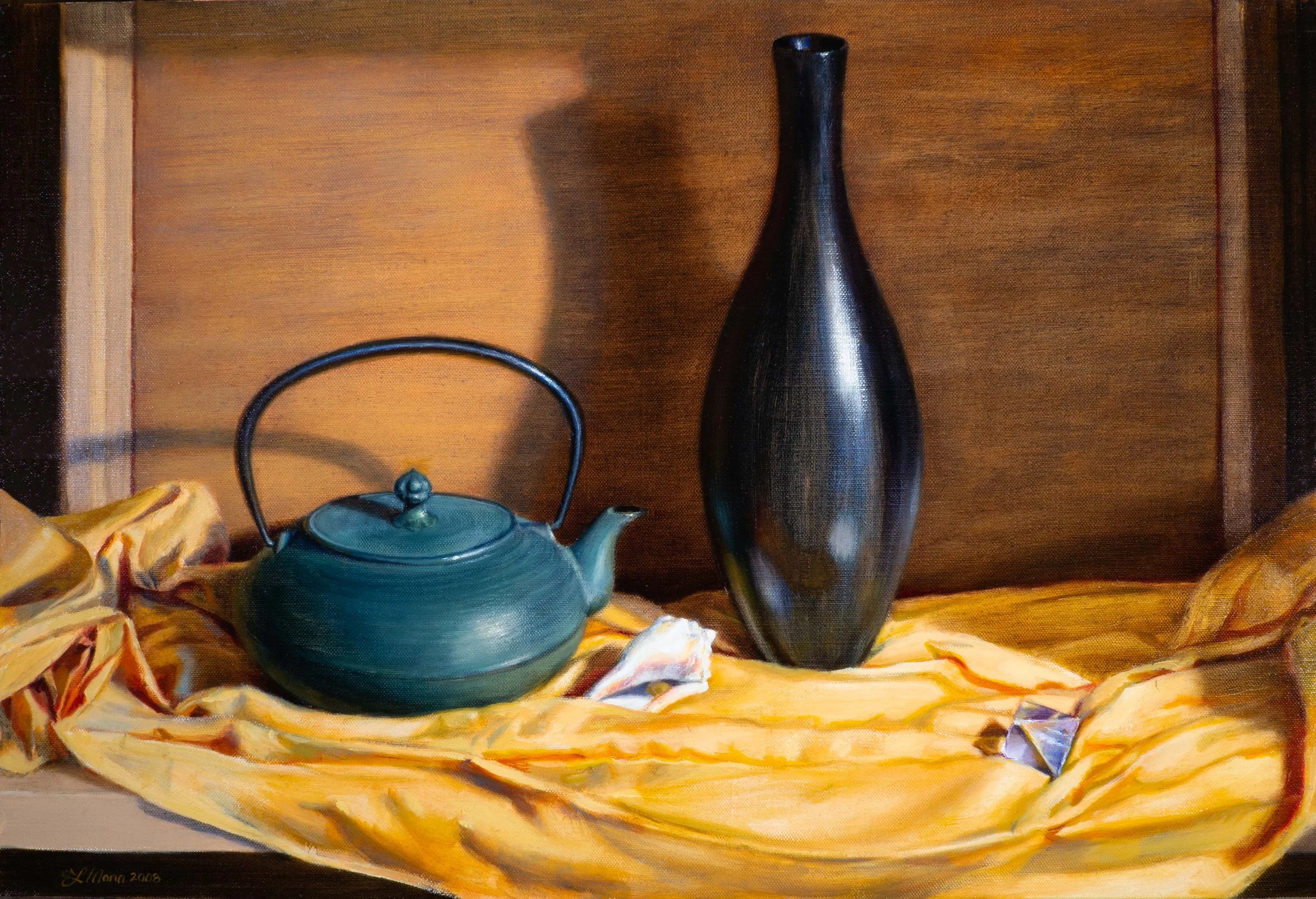 Teapot, Black Vase, and Yellow Cloth, 2019