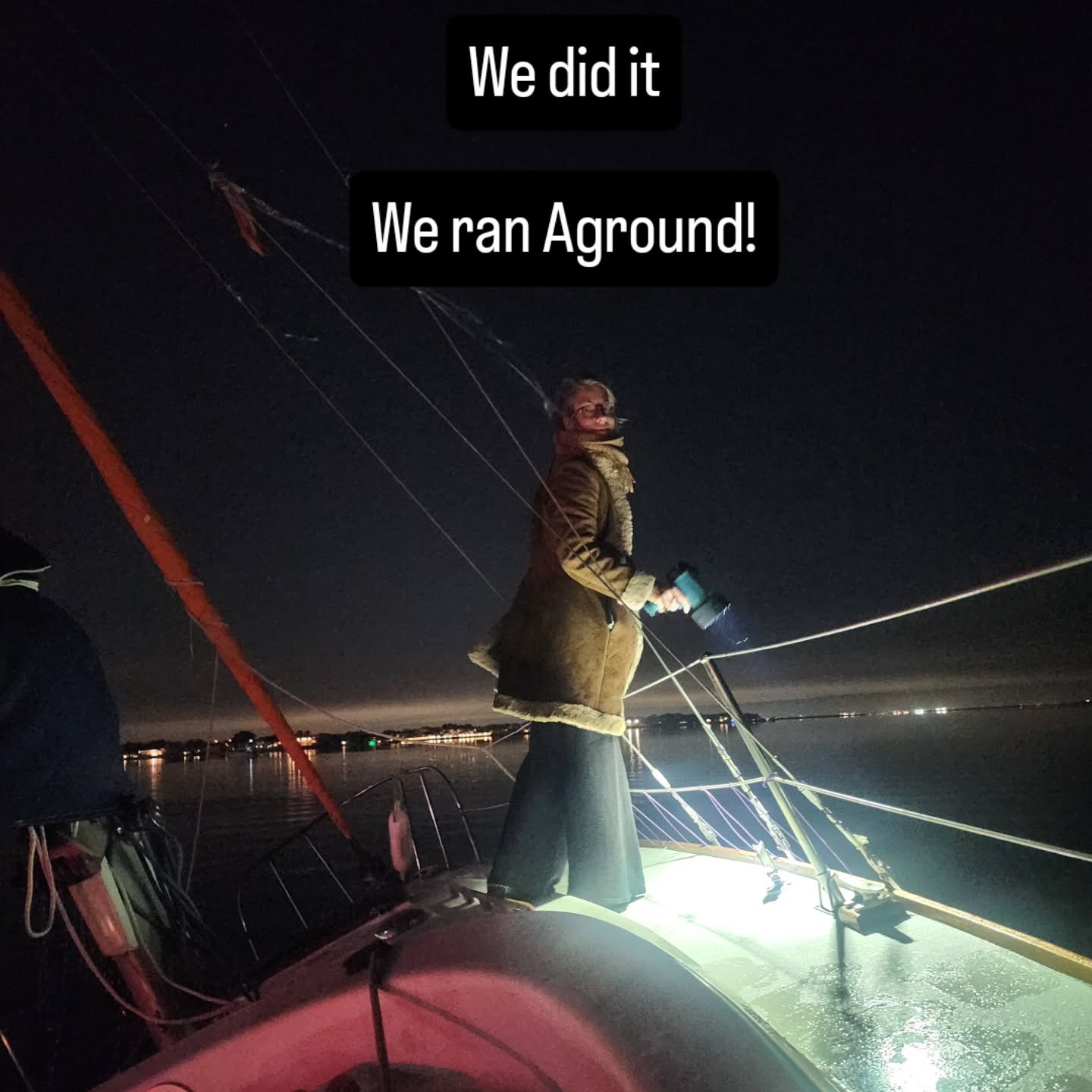 We Ran Aground 

Let me back up.
We had a great day. Moved the boat from Gulfport to St Pete
Beautiful Sail. It was great weather when we sun was out.
Then as we turned into an Anchorage we know.
It started to get really cold.
Laine is not good at fu