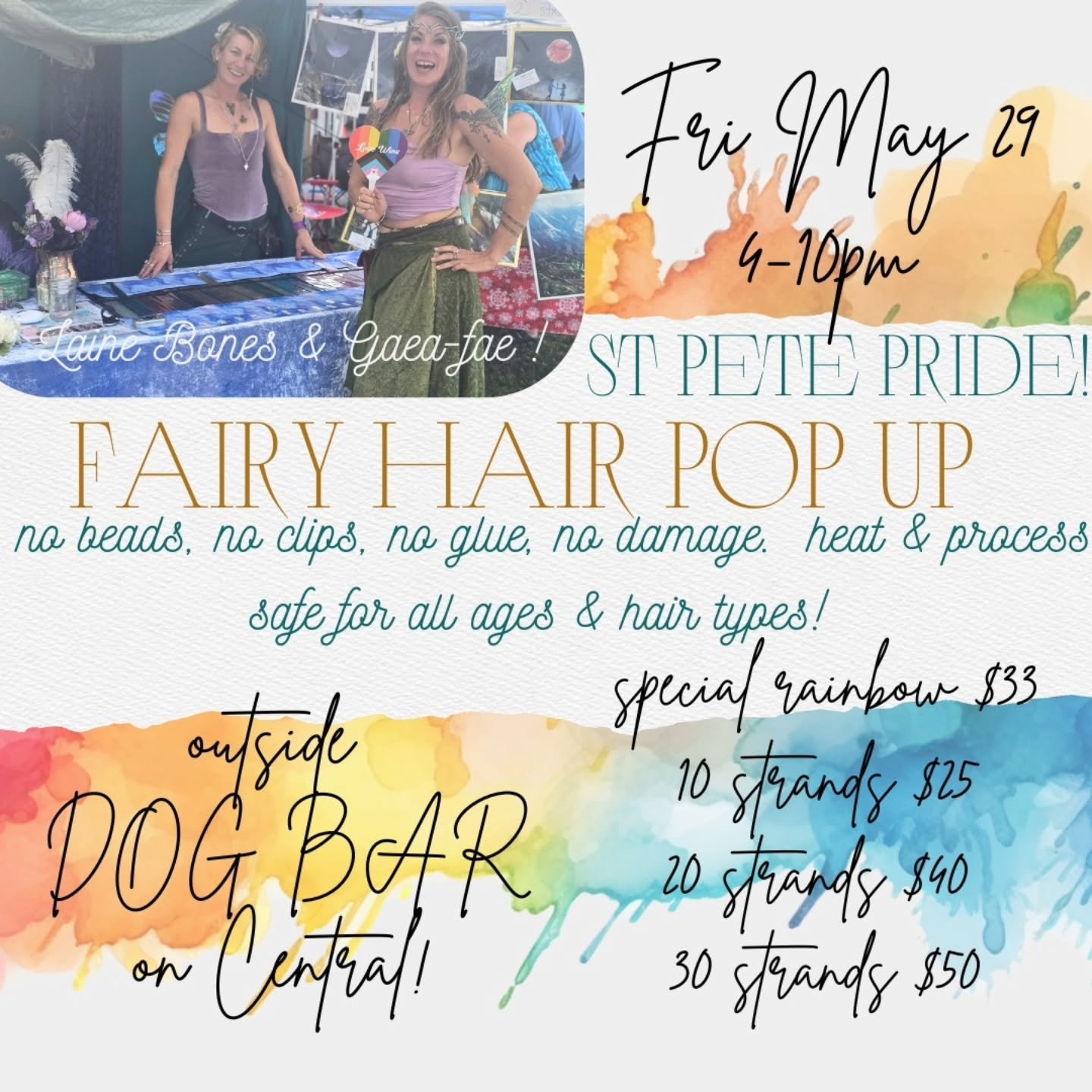 St Pete PRIDE let's goooo! The kick off is tomorrow:)

We'll be set up outside @dogbarstpete to sparkle EVERYONE FOR PRIDE MONTH! 

We'll be offering a pride special 🌈 🏳️&zwj;🌈 🌈 
A glimmering rainbow in your hair
For 33!

And we have every color