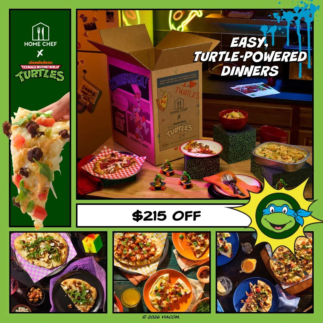 Colorful promotional image for Teenage Mutant Ninja Turtles themed pizzas, featuring a pizza box, various pizza slices, and pizzas displayed on different plates. Text highlights easy, turtle-powered dinners with $215 off.