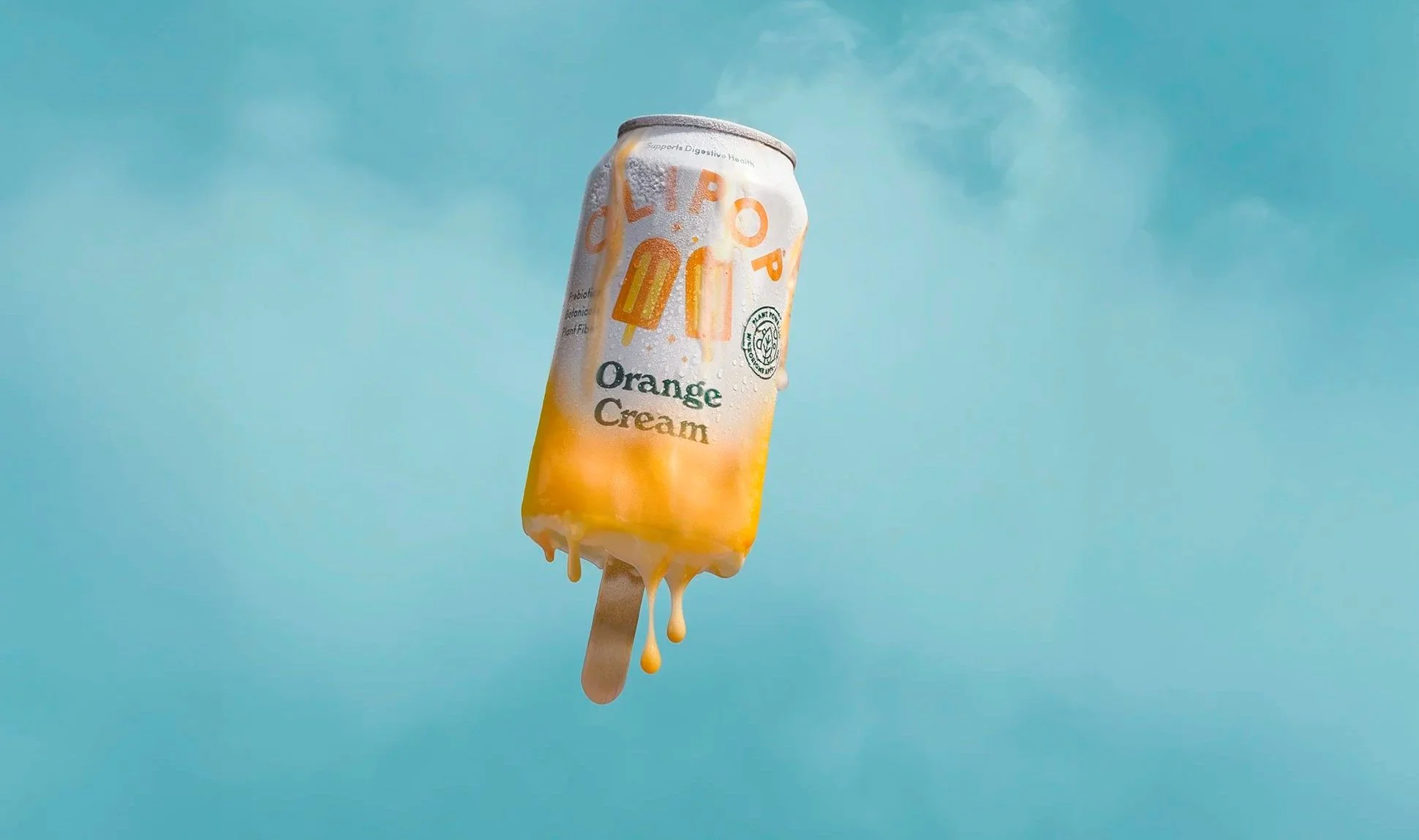 a can of soda melting into an orange creamsicle, floating on a blue background.