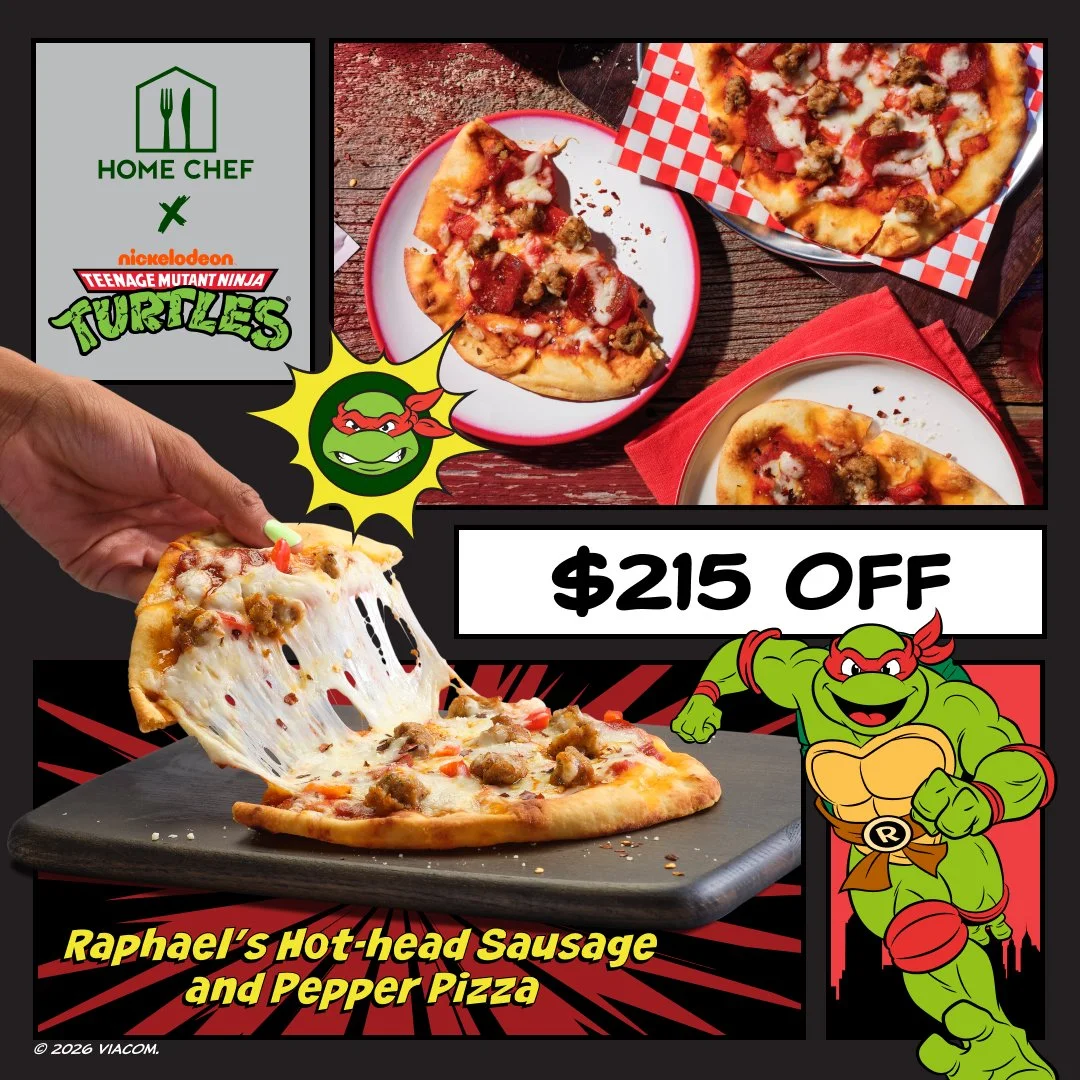 Promotional flyer for a Teenage Mutant Ninja Turtles-themed pizza deal featuring a pizza with sausage and pepperoni, a hand pulling a slice with cheese, images of three pizza servings, a Teenage Mutant Ninja Turtles character logo, and a cartoon turtle with a red bandana.