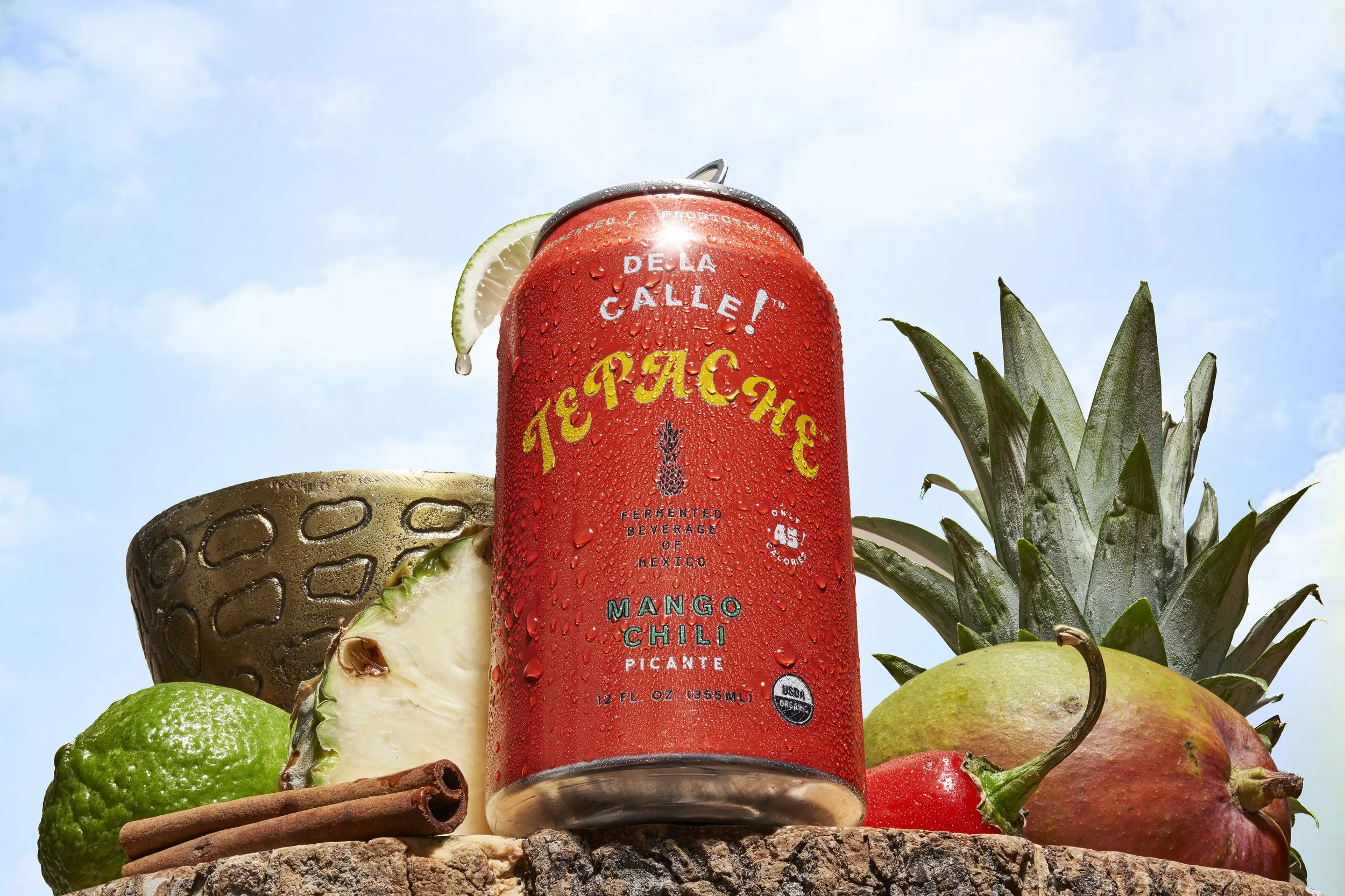 a can of tepache, fermented pineapple beverage with mexican influence surrounded by fresh flavor cues of the drink. 