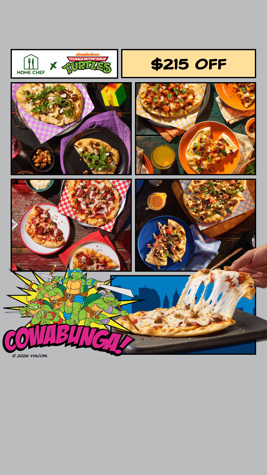 Collage of various pizzas with toppings like vegetables and meats, a Superman comic-style illustration with Teenage Mutant Ninja Turtles and a pizza slice, and a $215 discount offer from Home Chef and Teenage Mutant Ninja Turtles.