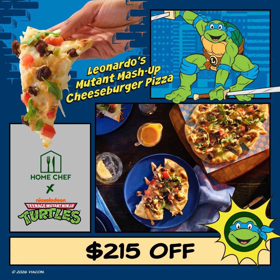 A promotional image for Leonardo's Mutant Mash-Up Cheeseburger Pizza featuring a cartoon Teenage Mutant Ninja Turtle, a hand holding a slice of pizza, and a photo of the actual pizza on a table with drinks, offering $215 off.