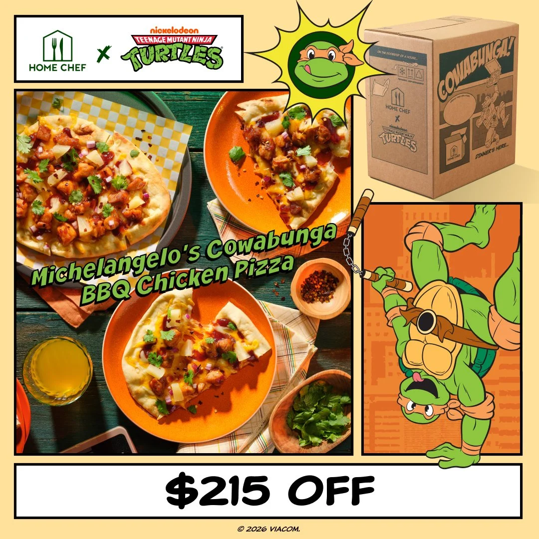 Promotion for Michelangelo's Cowabunga BBQ Chicken Pizza with a pizza displayed on a plate, a box with Teenage Mutant Ninja Turtles branding, and an animated ninja turtle character holding nunchucks.
