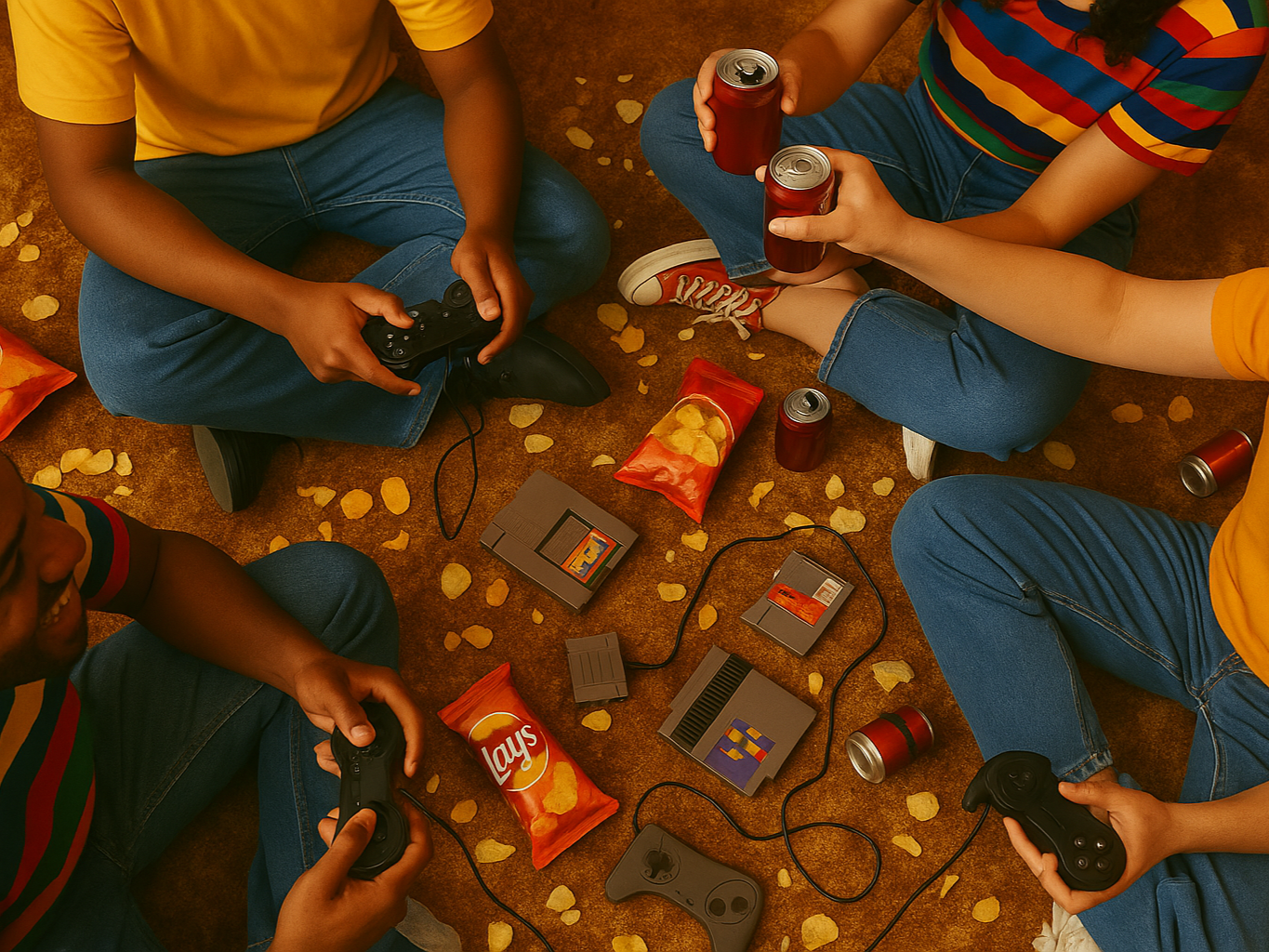 Three people sitting on a shag carpet with video games, snacks spilled on the floor and vintage props.