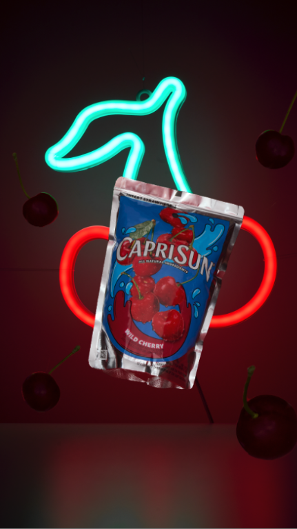 A floating capri sun juice pouch with a glowing neon behind it and floating cherries.