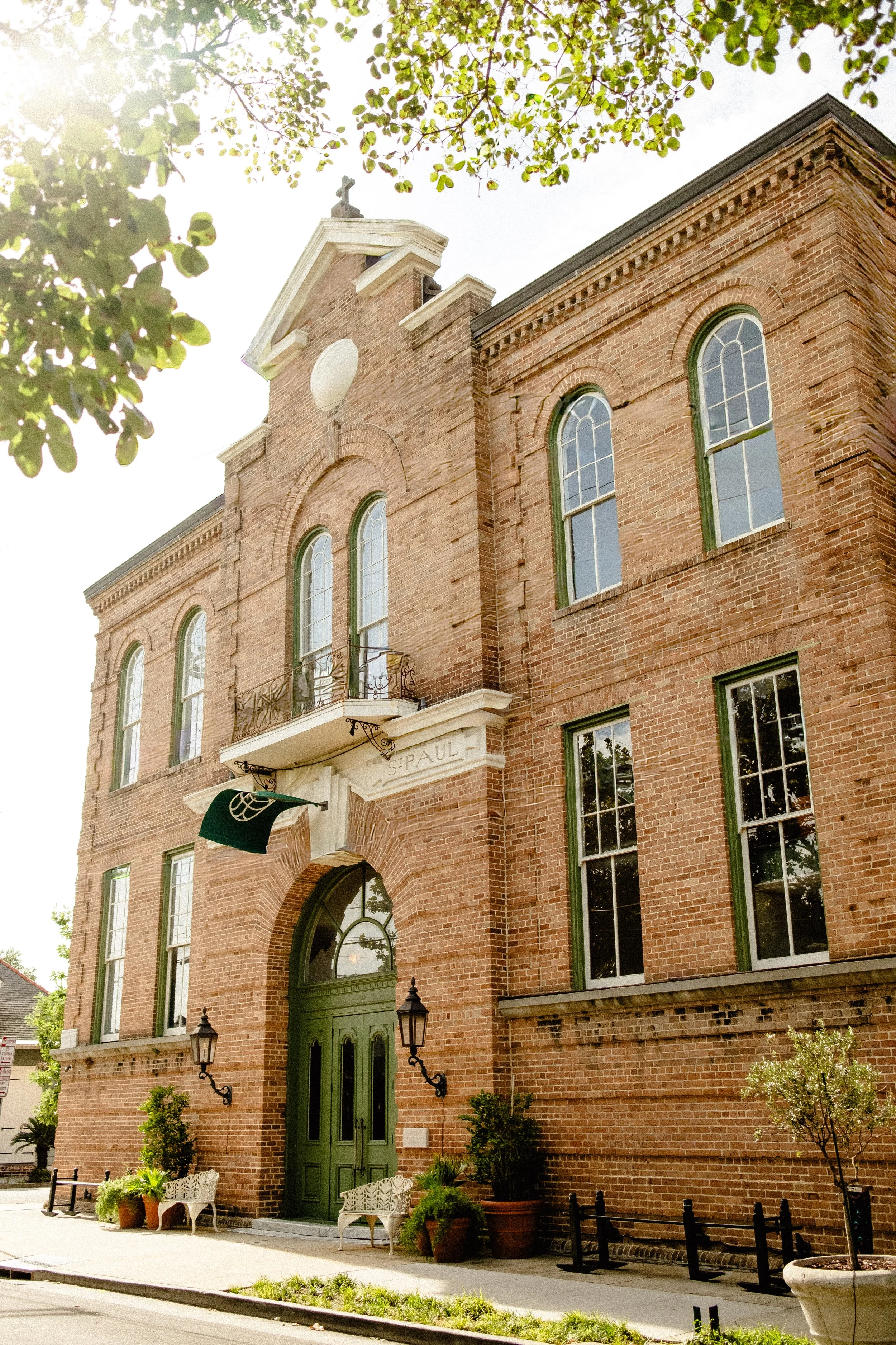 The facade of Hotel Peter & Paul — a 19th-century brick church turned boutique hotel, Marigny, New Orleans.