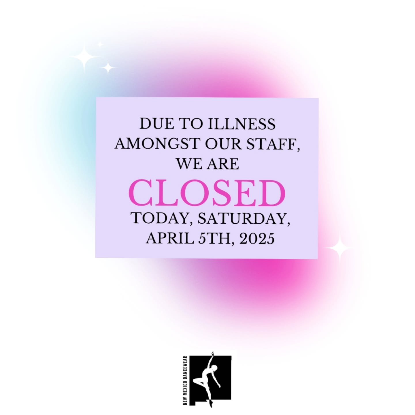 Unfortunately, due to staff illnesses, we have to close the store today

Weplan to be open again next week for usual store hours!
#NMDancewear #dance #dancewear
#ballet #jazz #flamenco #tap #hiphop #contemporary #newmexicodancewear #newmexicodance #n
