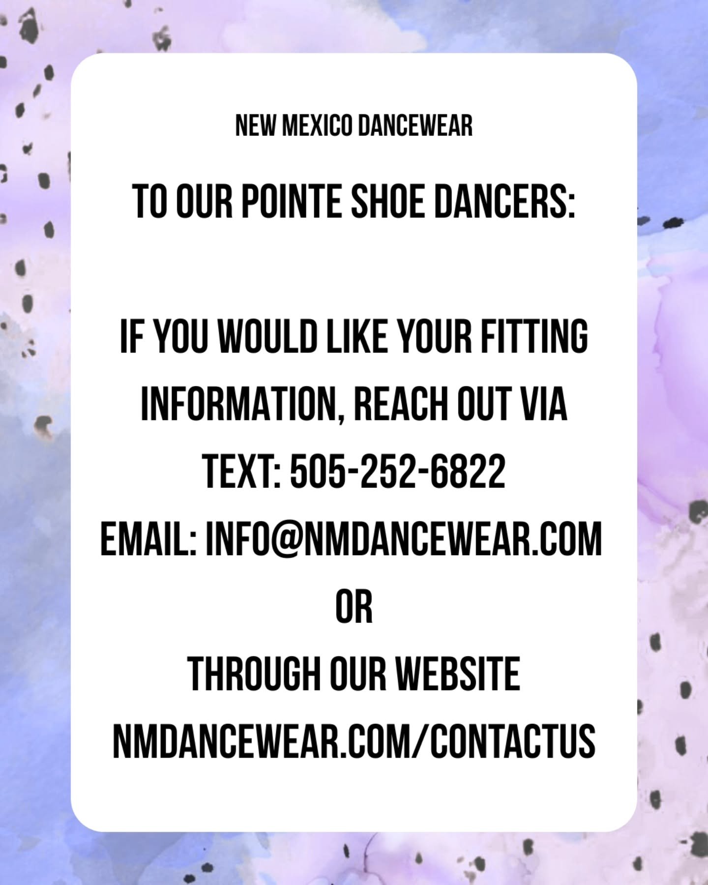 Pointe dancers, please reach out through one of the following channels to receive your pointe info:

Text: 505.252.6822
Email: info@nmdancewear.com
Or through our website nmdancewear.com

Thank you 🩷🩰
#NMDancewear #newmexicodance #nmdance #pointeba