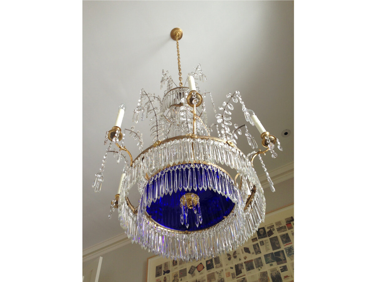  Deinstalled Russian period chandelier, replicated fragmented blue glass, wrapped and stabilized crystals, reinstalled safely in new home 