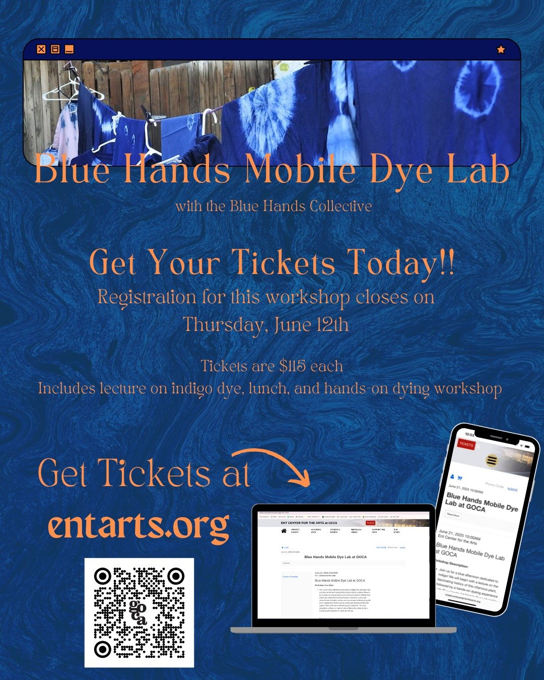 The Blue Hands Mobile Dye Lab is next week!!
Time is running out to get your tickets to this unique  experience, visit entarts.org or scan the QR code to purchase your tickets NOW!!

Join us for a blue afternoon dedicated to indigo! We will begin wit