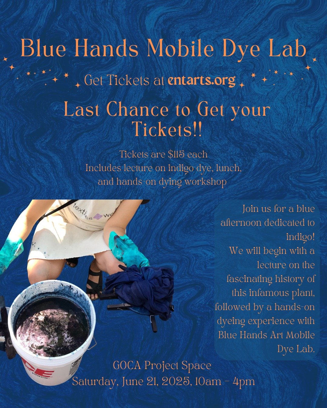 Today is the LAST DAY to get your tickets for the Blue Hands Mobile Dye Lab!!! 
We are looking forward to hosting this amazingly unique experience for you and your friends with the Blue Hands Collective!

If you are looking for something to do this w