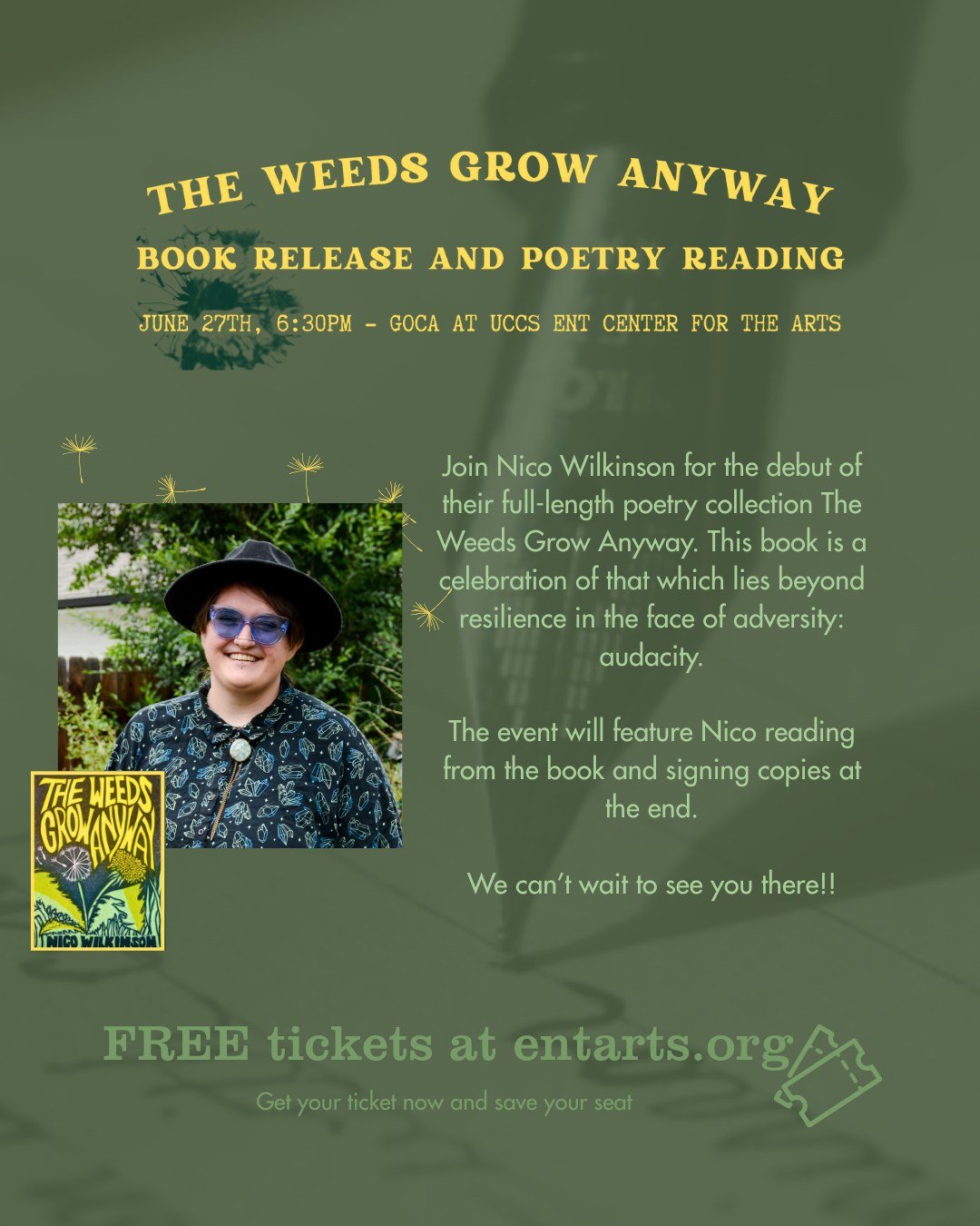 In just ONE week, Nico Wilkinson (@nicothepoet)  will be in the Gallery with their poetry book: &quot;The Weeds Grow Anyway&quot; 
We are so excited to host Nico and his work, and we hope that you will be able to join us on Friday the 27th at 6:30 pm