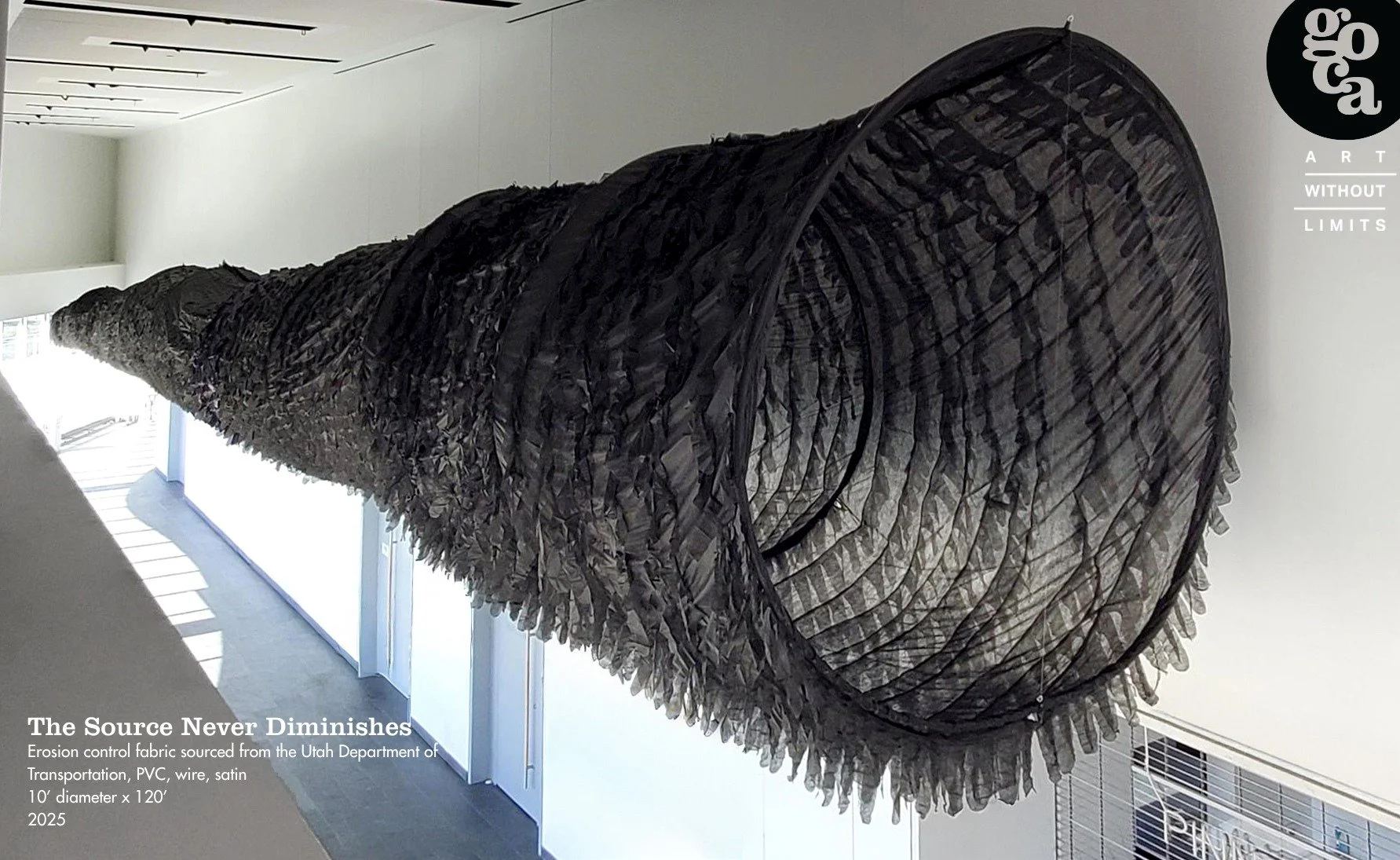 Spanning 120 feet, comprised of 10 miles of thread and six miles of reclaimed fabric, and taking more than three months of dedicated construction time, this monumental windsock by Nina Elder unfurls like a living creature, channeling invisible forces