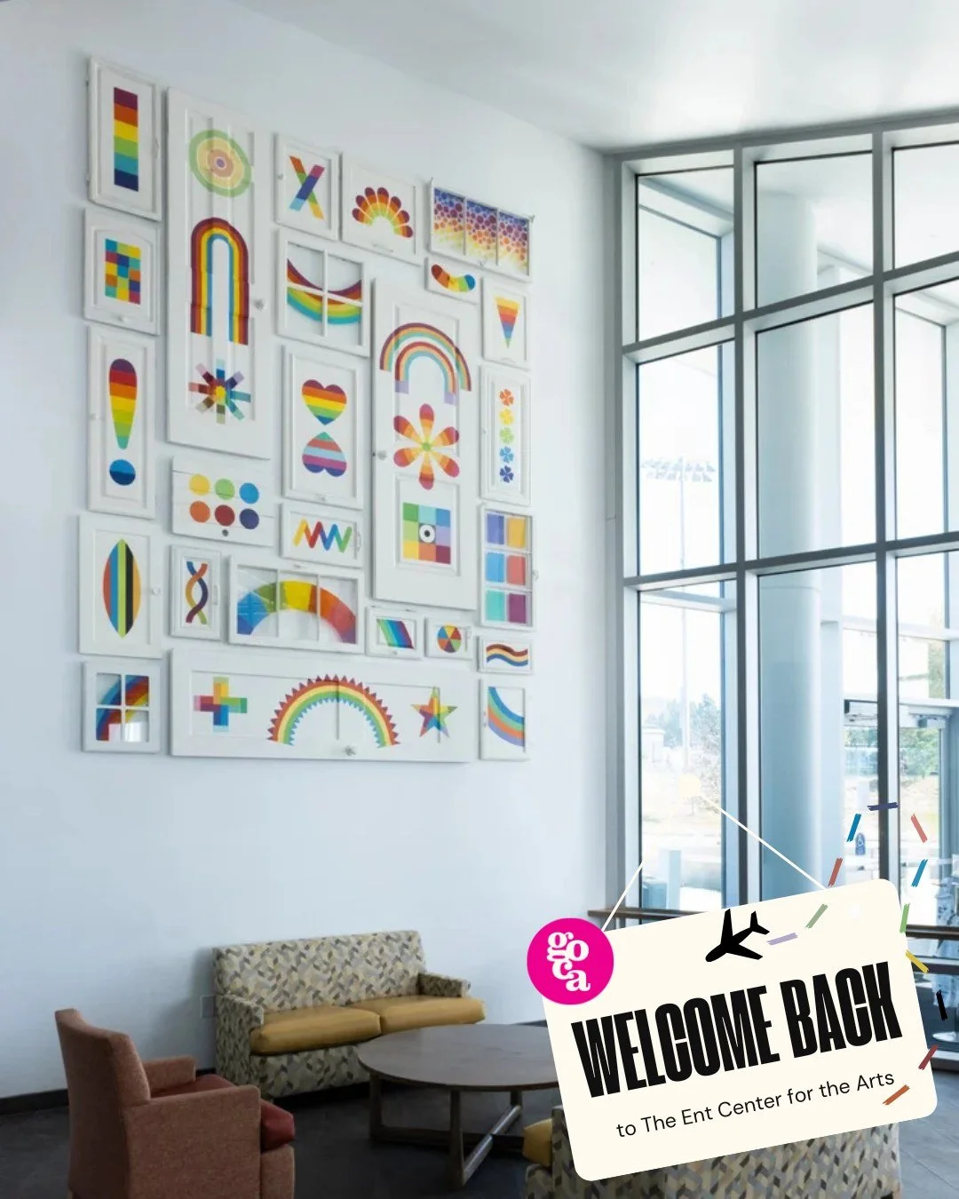 We are so happy to finally announce that &quot;Prism Tattoo&quot; by Sean O'Meallie is finally back from it's vacation and in the Ent Center for the Arts lobby brightening up the space during this chilly season. 
We know you all missed this piece, so