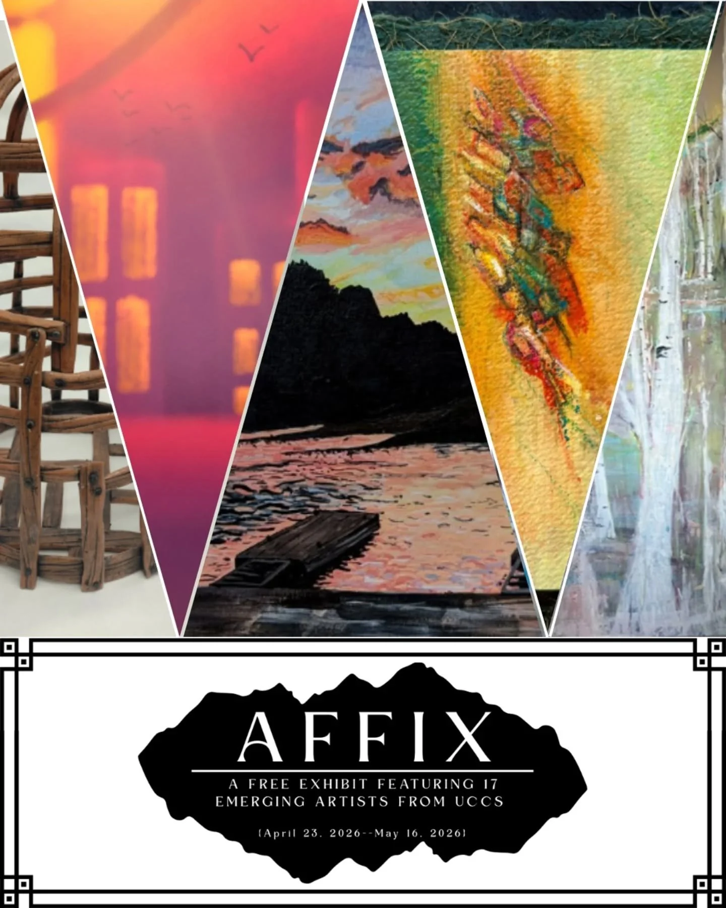 Join us for the opening reception for AFFIX: UCCS Student Exhibit on Thursday, April 23, from 5-7pm in the GOCA Project Space!

Experience the artwork of 17 emerging and established artists from UCCS focused on the impact of safety and comfort in tim