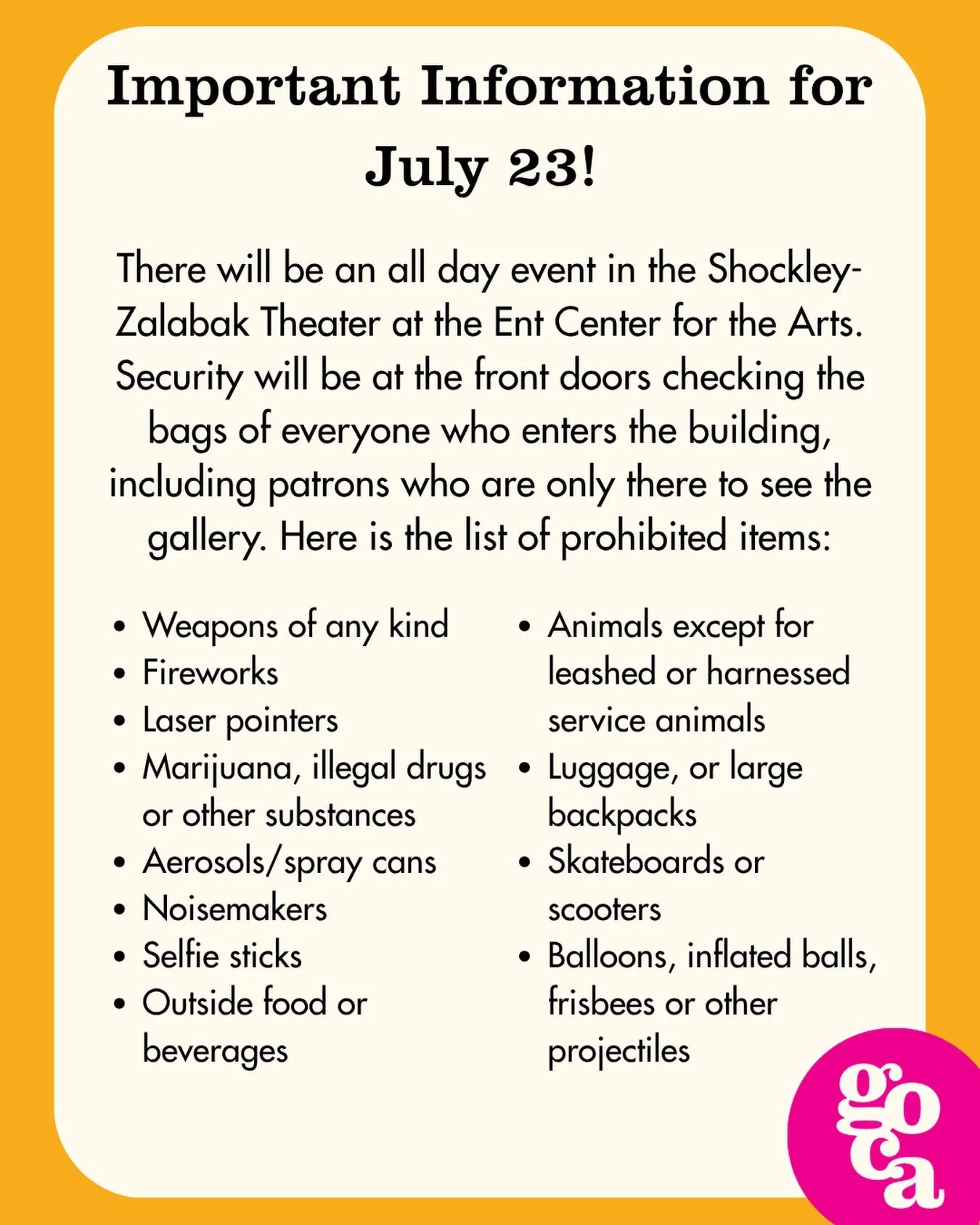 We will also be extending our hours to 8pm instead of 6pm. The rest of the weekend will go as usual!

#UCCS #GOCA #supportartists #contemporaryart @gogacolosrngs @entcenterarts
