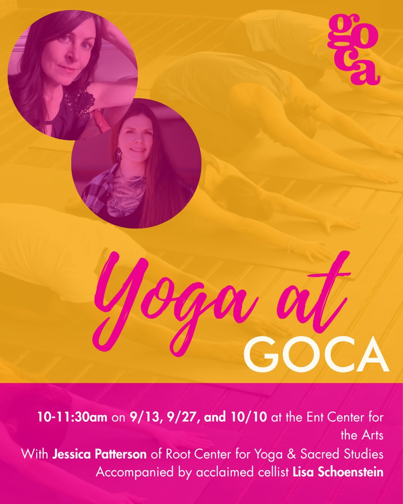 [UPDATED WITH CORRECT TIMES AND DATES]
Join us for an immersive yoga experience within GOCA&rsquo;s current exhibition, Simulacra. Led by Jessica Patterson of Root Center for Yoga &amp; Sacred Studies and accompanied by live music from acclaimed cell