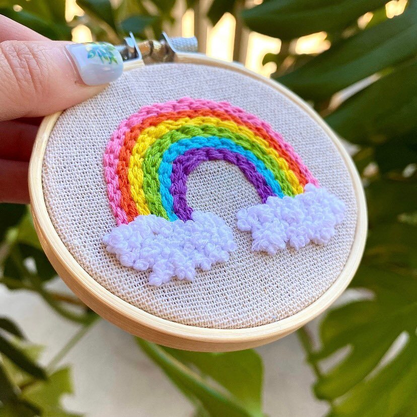 Brand new in the shop! I just added this hand-stitched mini rainbow embroidery piece to the shop. It comes with a delicate gold ribbon so that you can hang it as an ornament, or simply remove the ribbon and hang it on a finishing nail or prop it up o