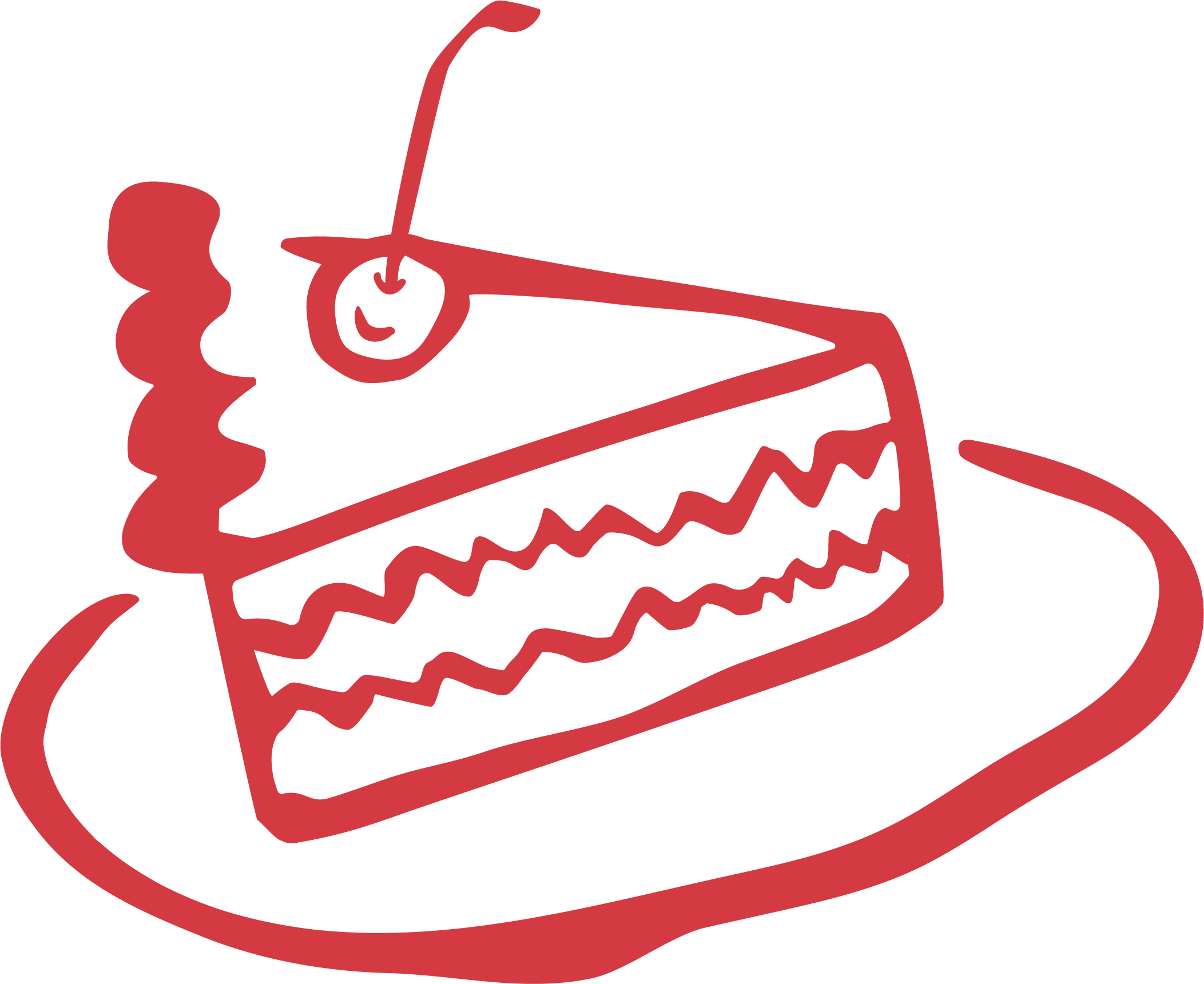 Line drawing of a slice of cake with a cherry on top on a plate.