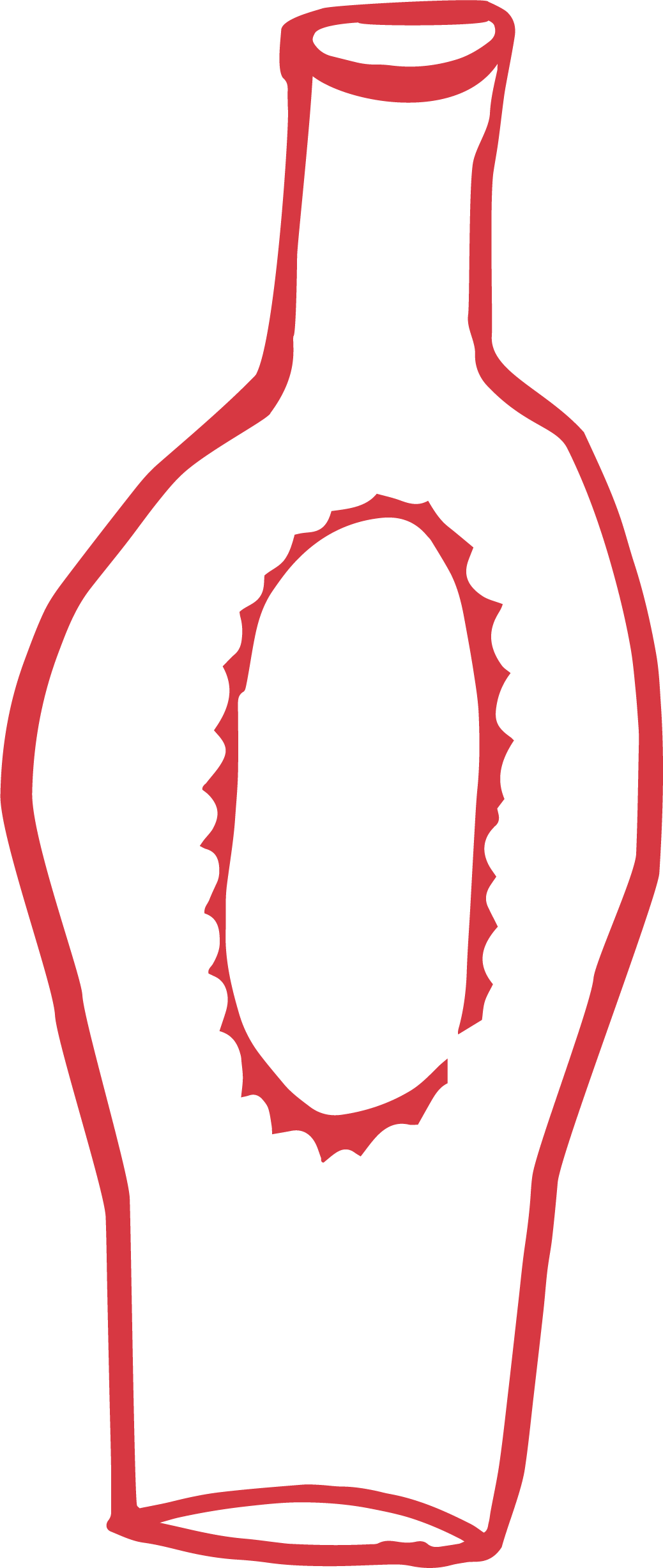 A simple red and black line drawing of a bottled hot sauce, with a narrow neck and wider base, and a label area in the center.