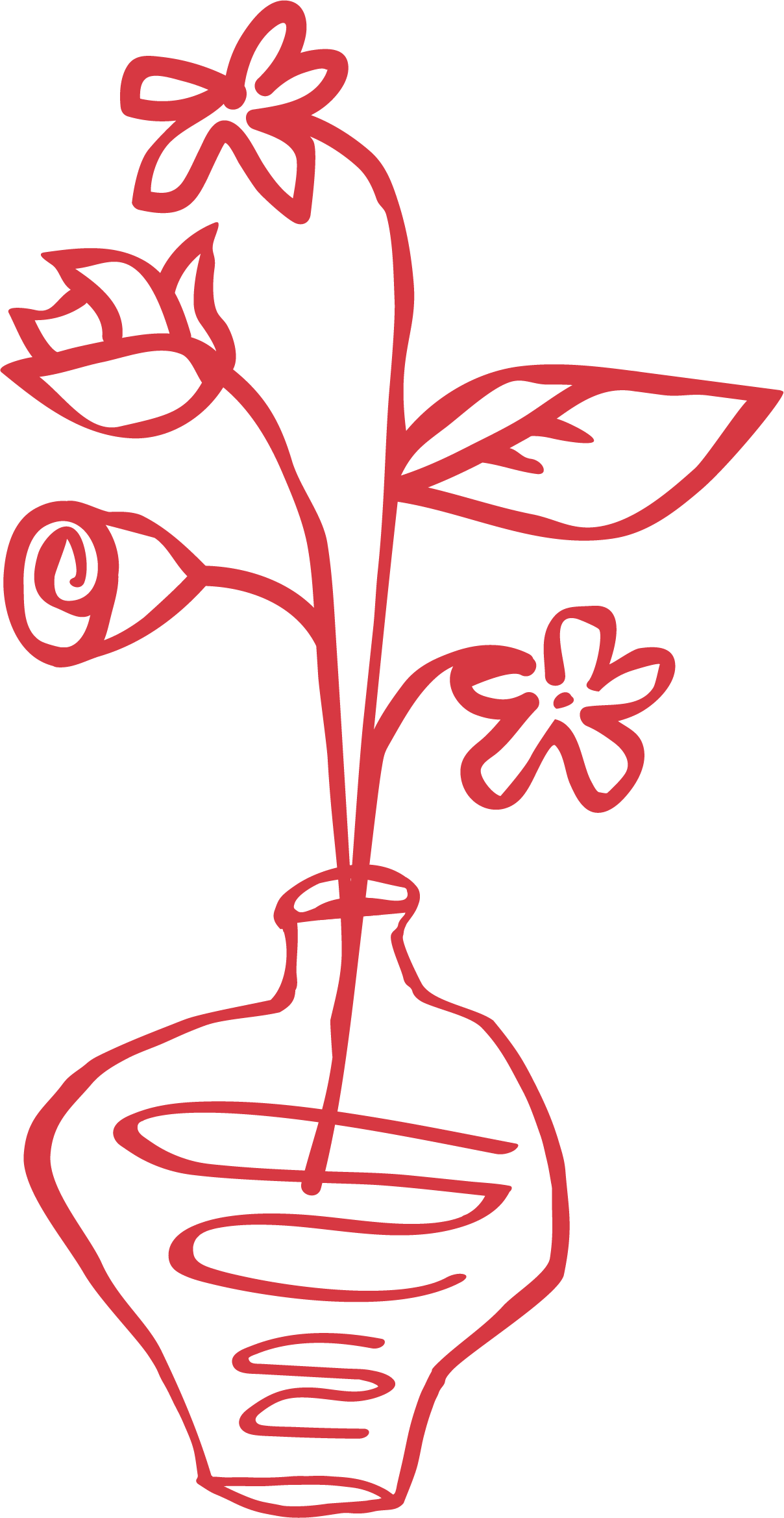 Line art drawing of a flower arrangement in a decorative vase, featuring two flowers, leaves, and a bud, all in red outline.