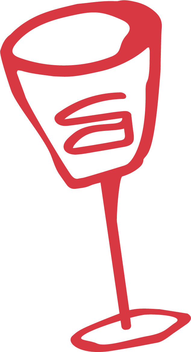 Simple red line drawing of a champagne flute with a beverage inside.