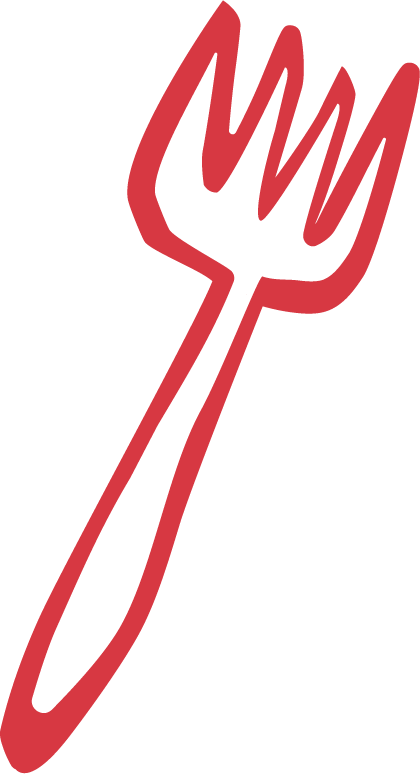 A red line drawing of a three-pronged fork with long handle.