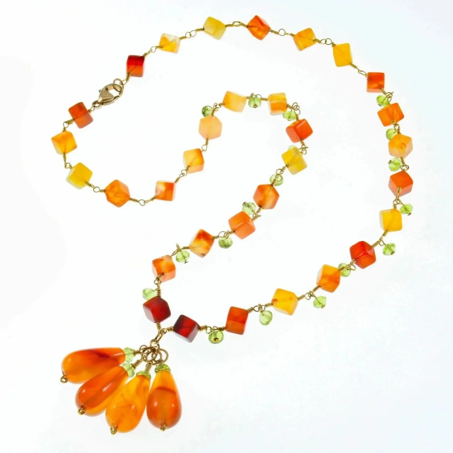 Carnelian Cubes and Peridot Pendant Necklace by Mila M Collections