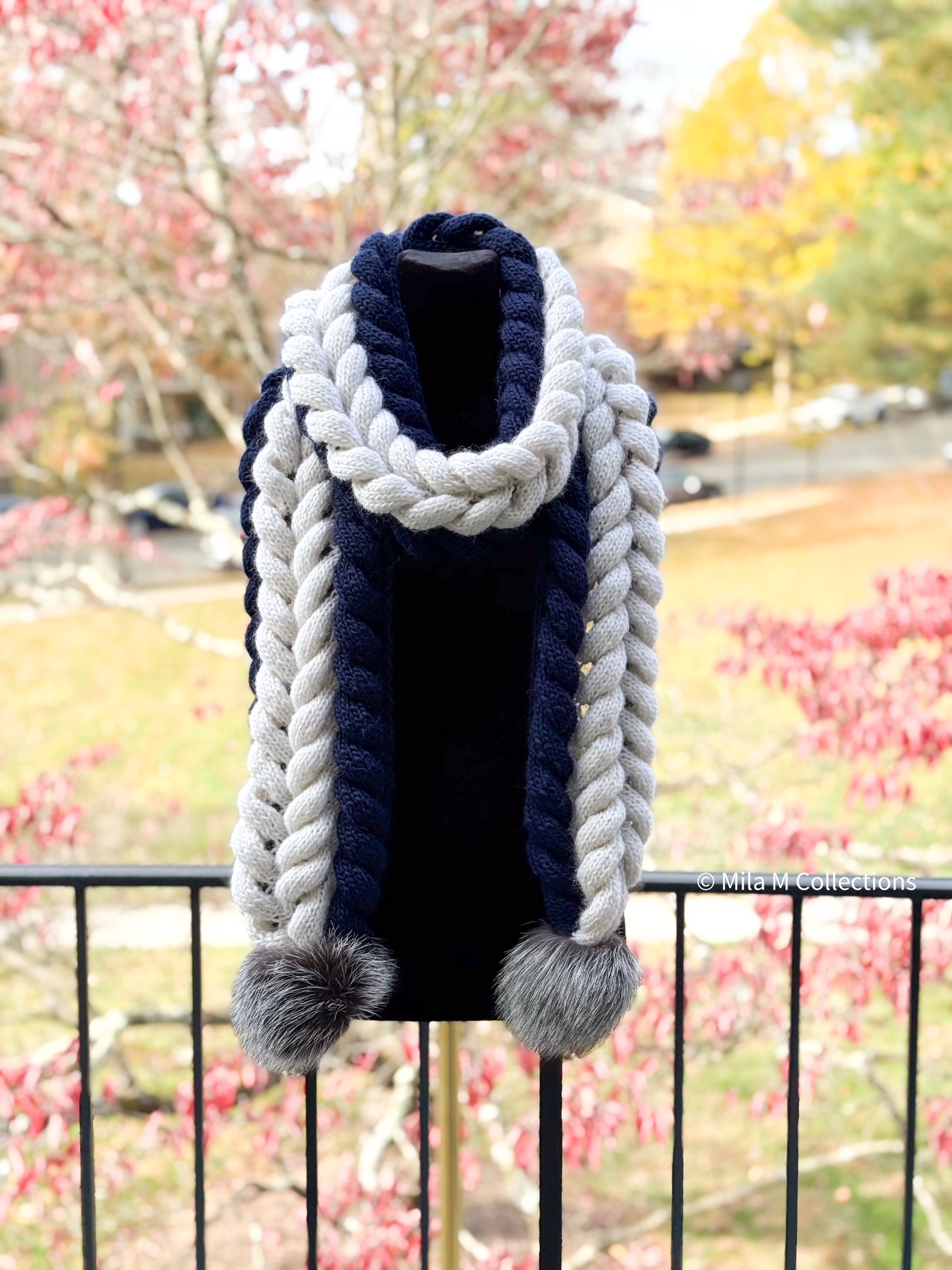 Navy and Cream Braids Scarf by Mila M Collections