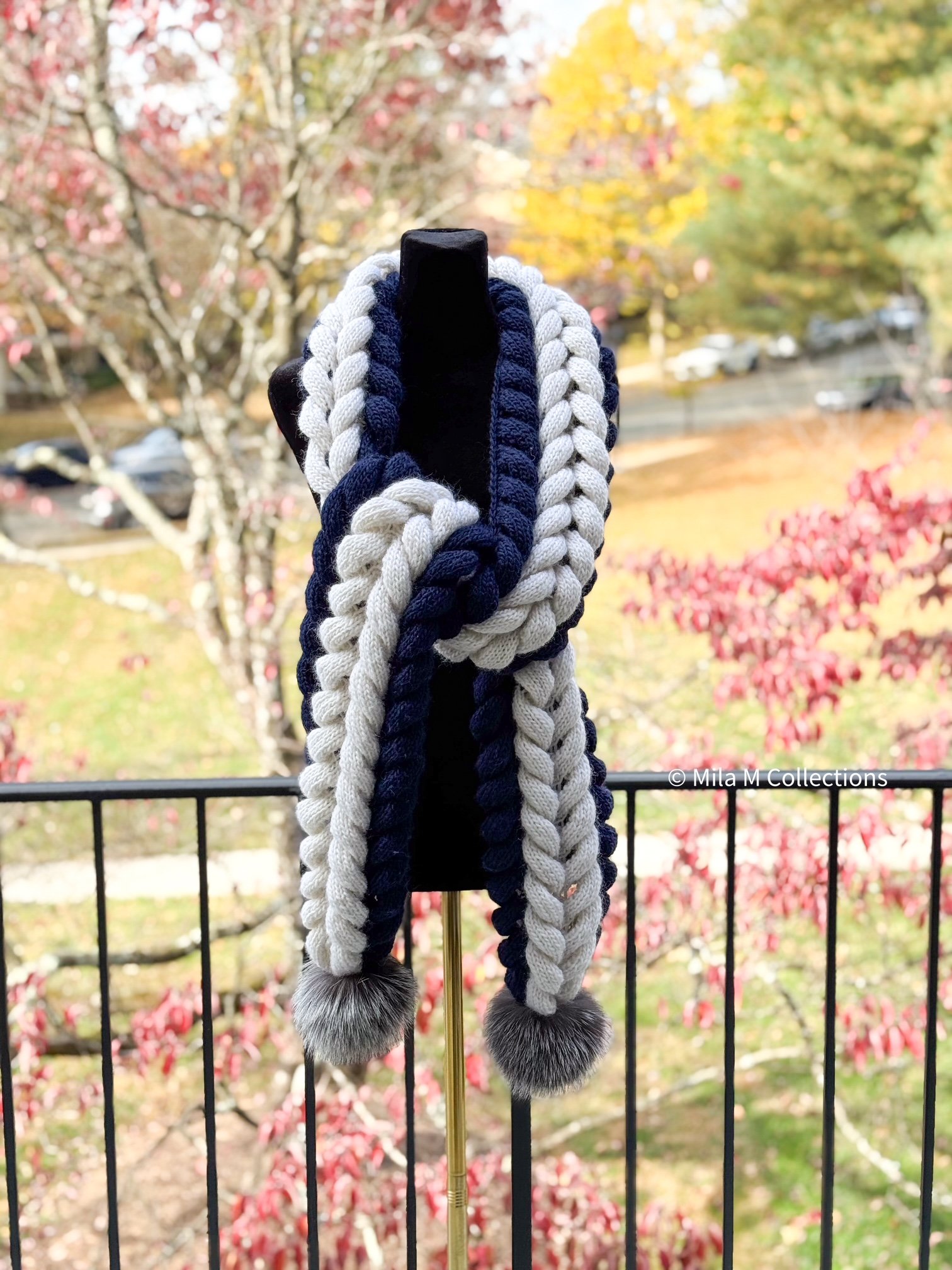 Navy and Cream Braids Scarf by Mila M Collections