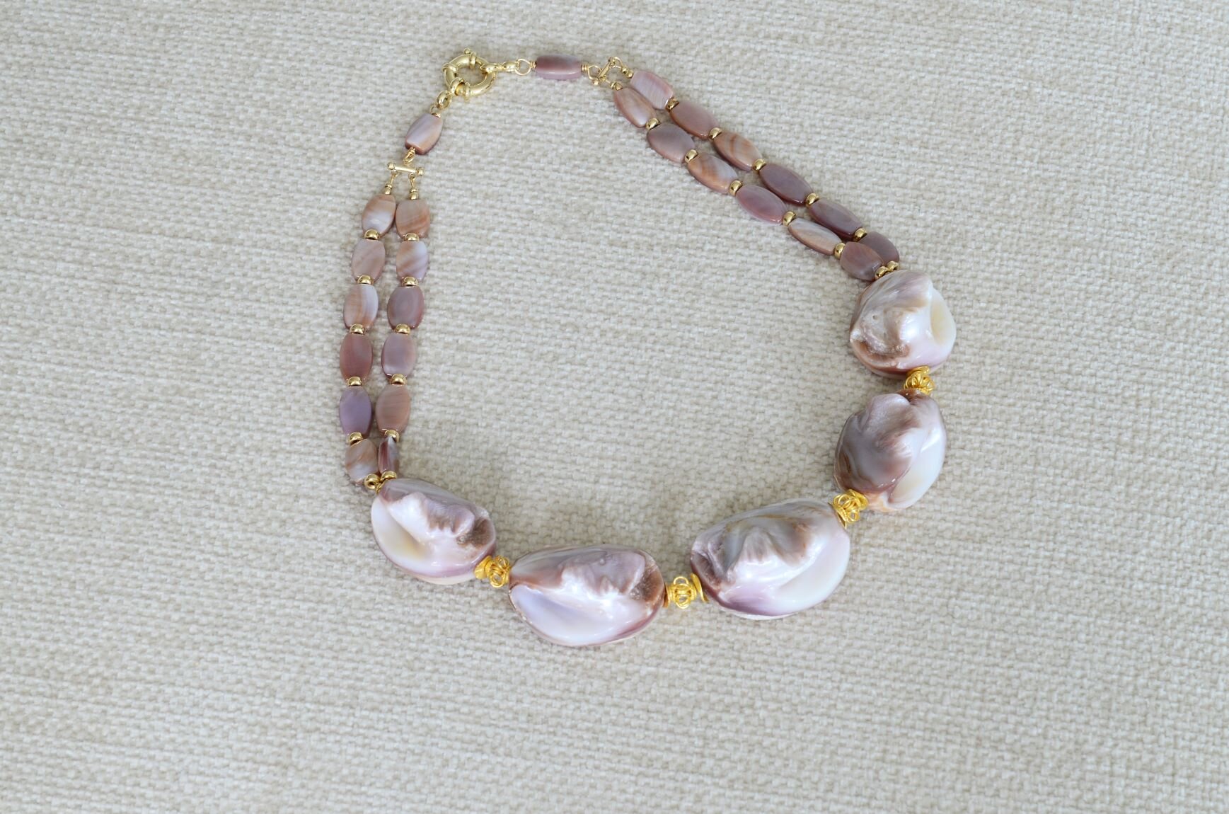 Large Shell with Mother-of-Pearl and Vermeil Necklace-White Background