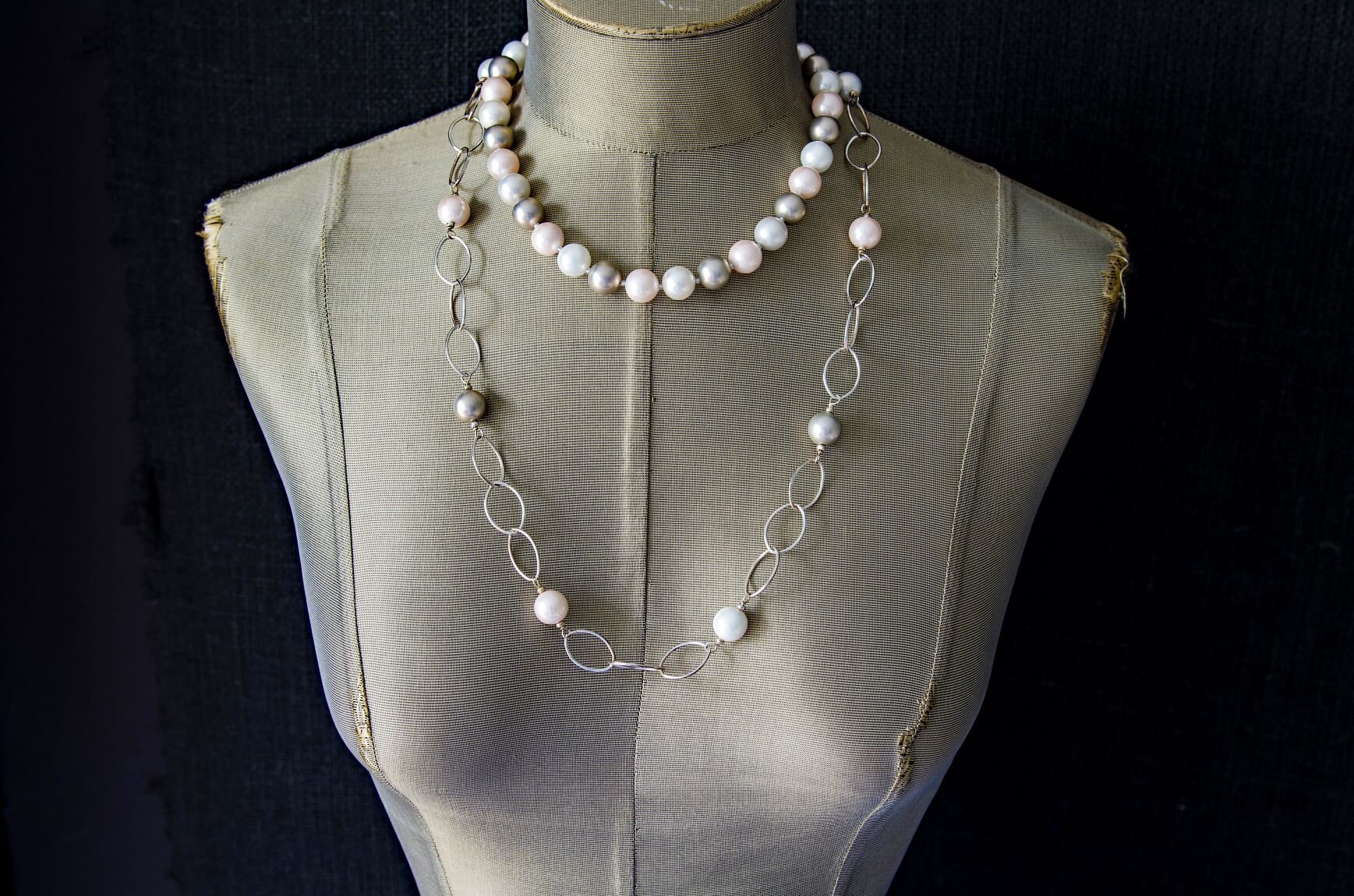 Double-Strand: Pink and Gray Shell-Pearls with Silver Chain Necklace by Mila M Collections https://www.milamcollections.com