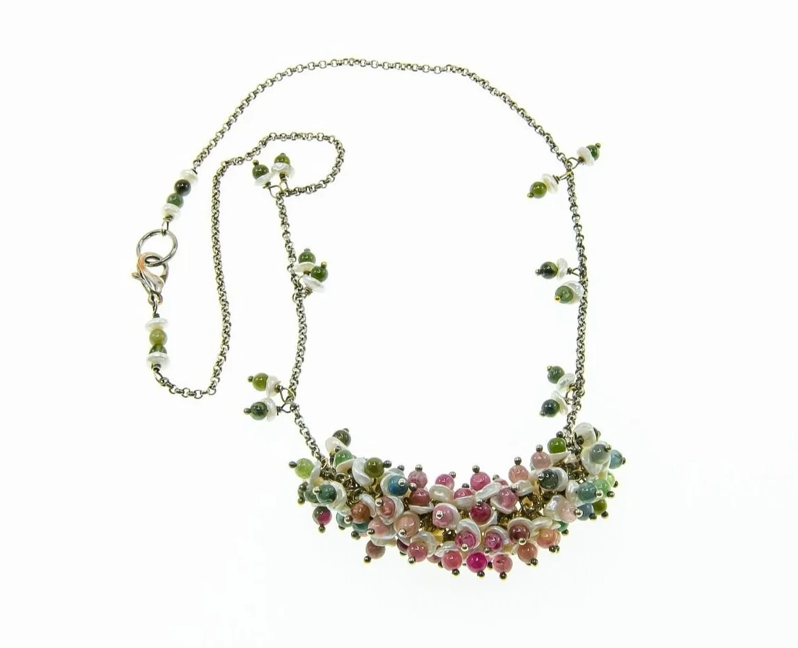 Tourmaline with Pearls in Silver Necklace by Mila M Collections https://www.milamcollections.com