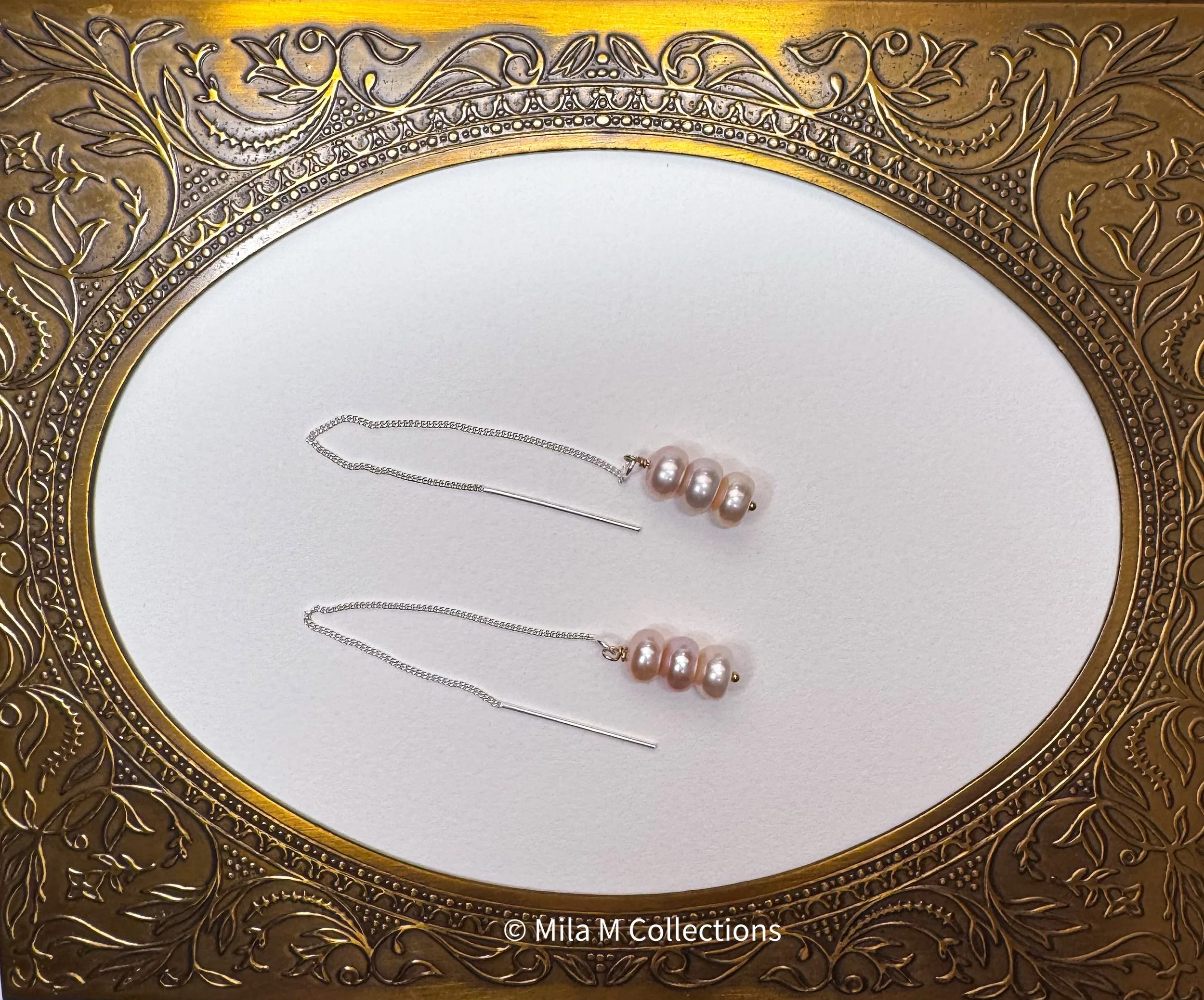 Silver Thread with Three Pearls Earrings by Mila M Collections.JPEG