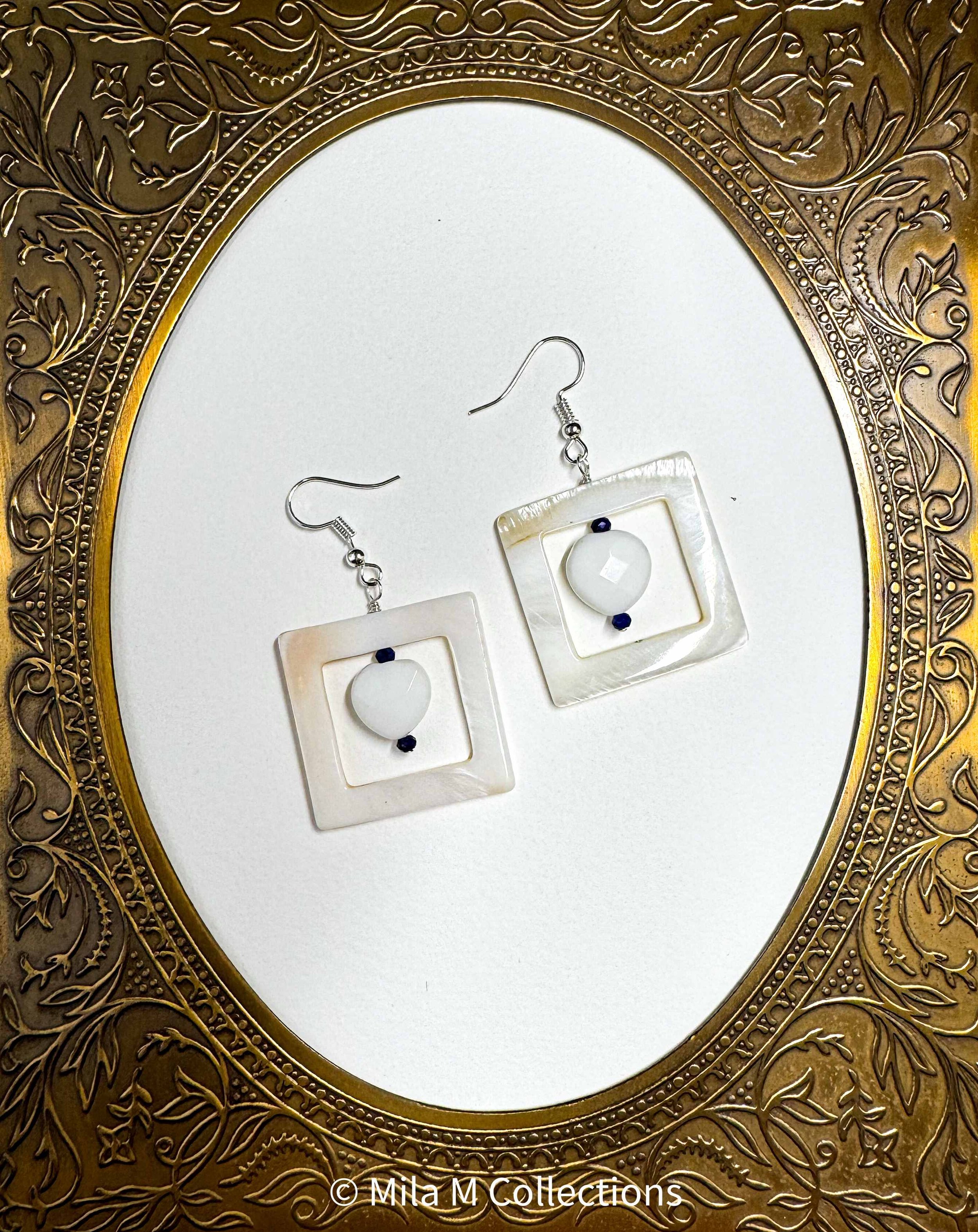 Mother-of-Pearl Squares and Hearts Earrings by Mila M Collections