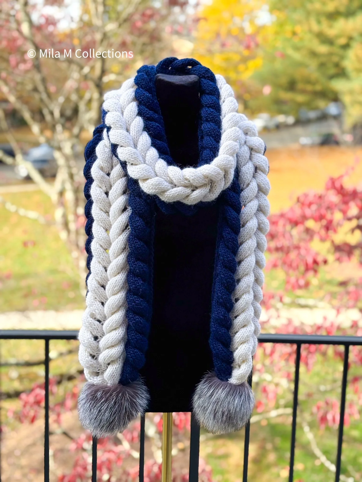 Navy and Cream Braids Scarf by Mila M Collections