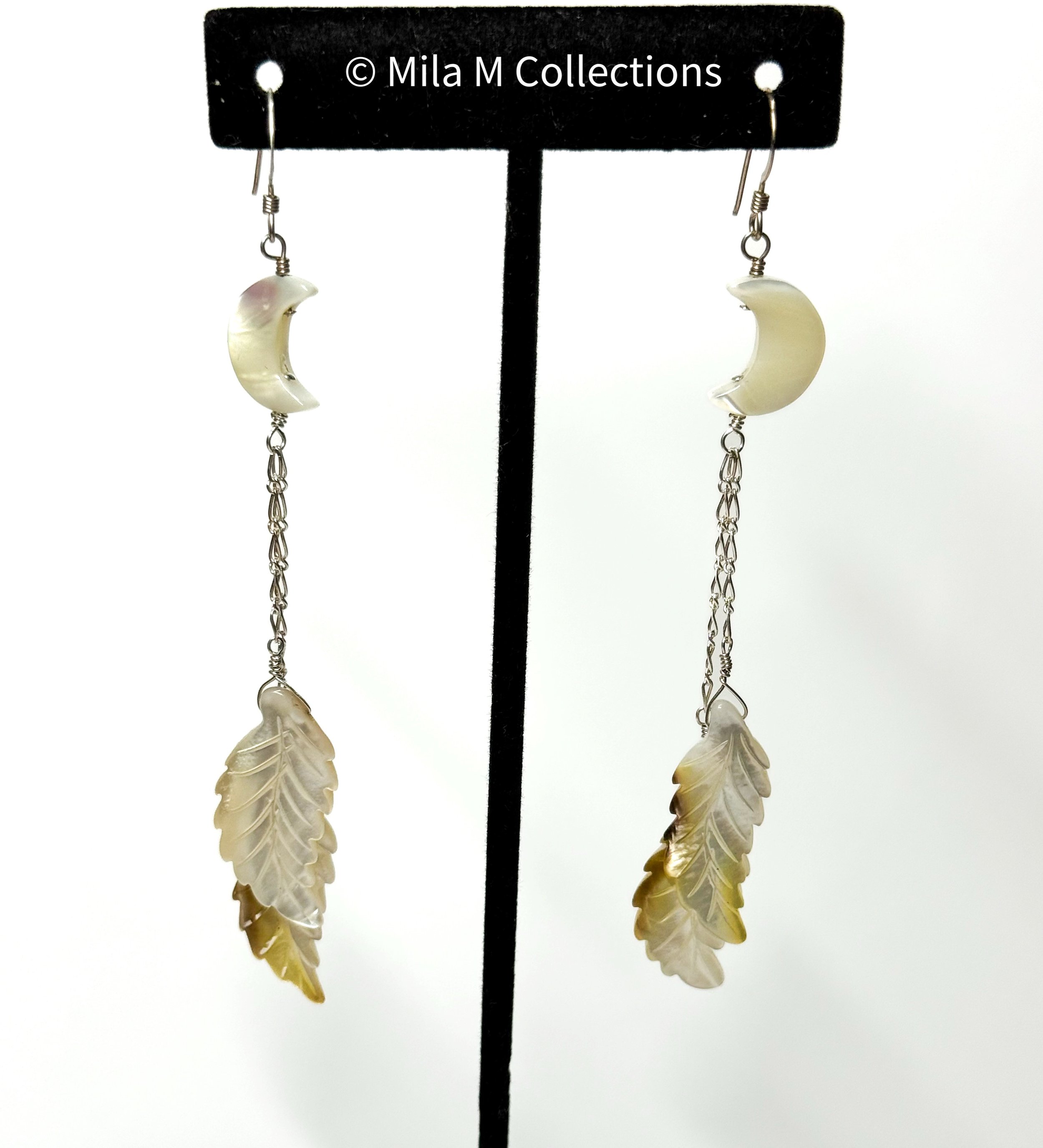 Mother-of-Pearl Leaves in Silver Earrings by Mila M Collections